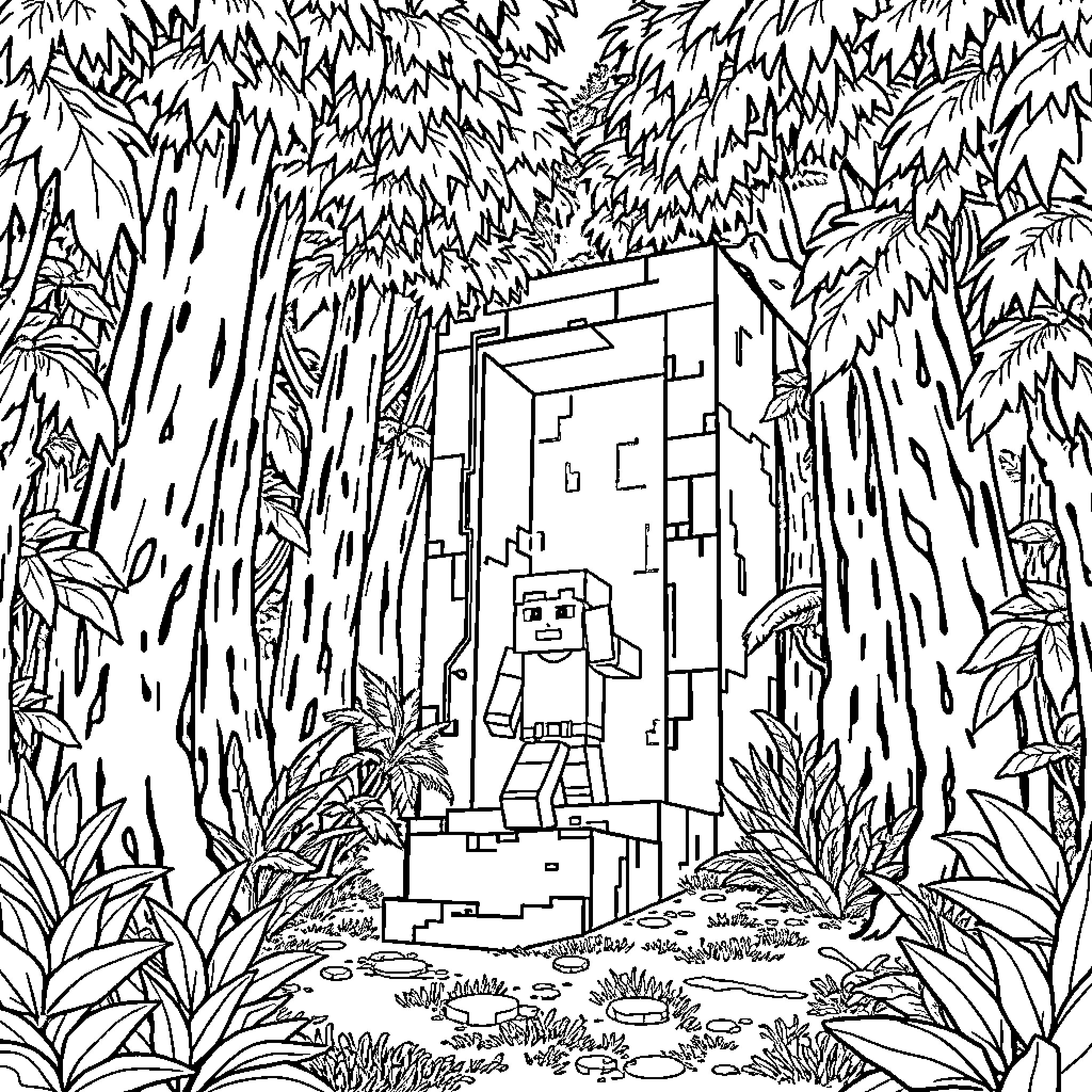 Steve's Minecraft Adventure in the Jungle Coloring Page (free black-and-white line drawing printable PDF for all, from beginners to advanced learners, including children, teens, adults, and seniors)
