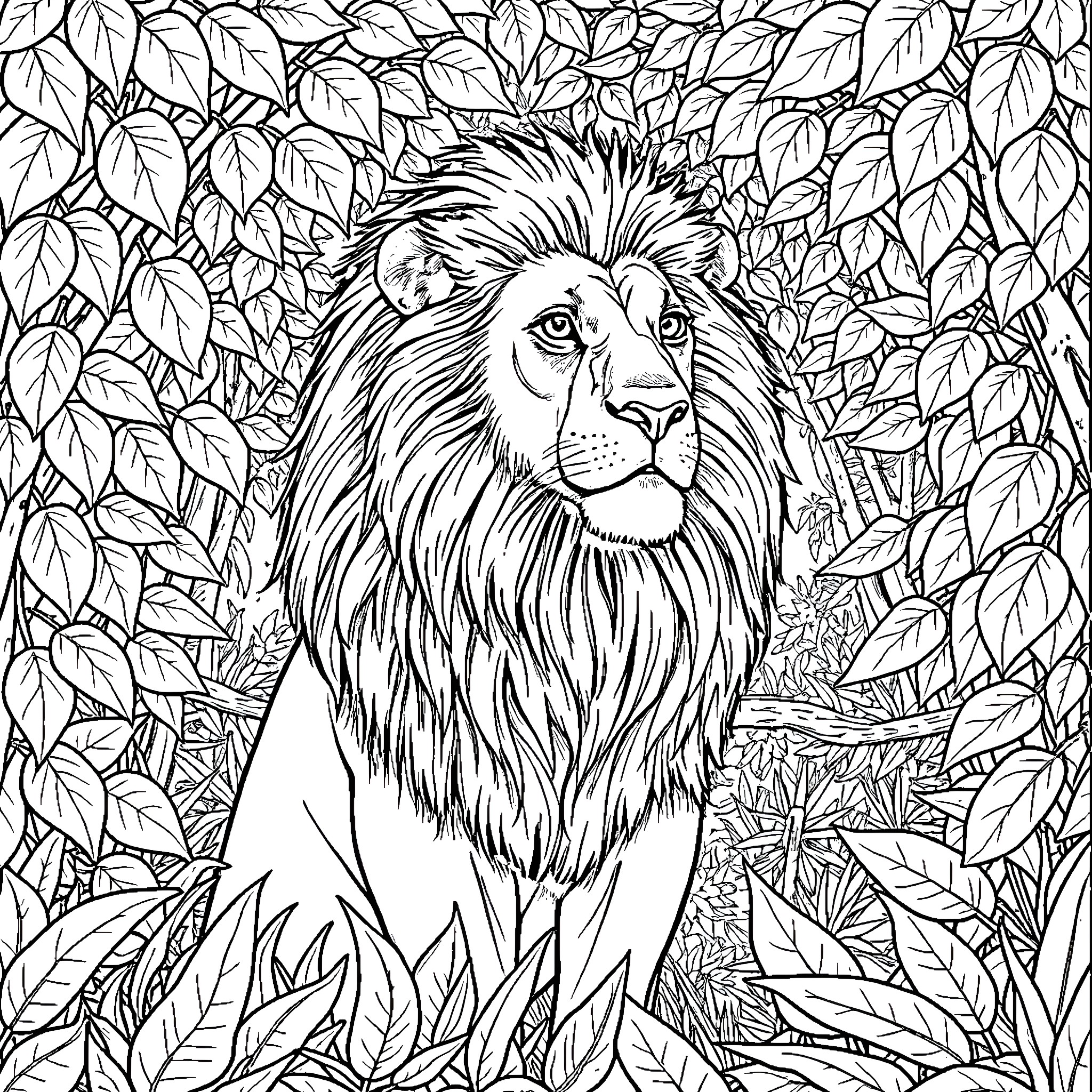 Lion emerging from the lush foliage Coloring Page (free black-and-white line drawing printable PDF for all, from beginners to advanced learners, including children, teens, adults, and seniors)