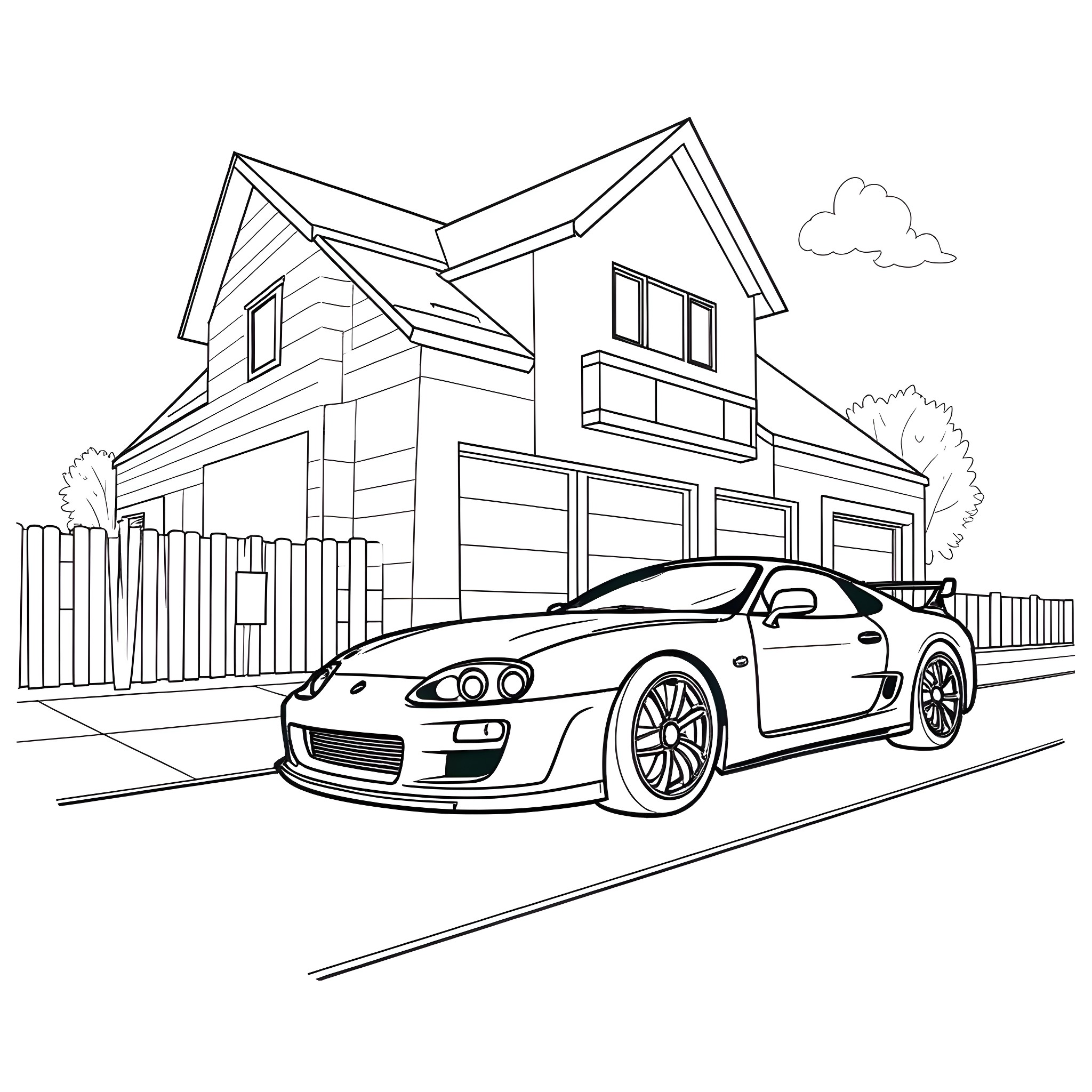 Supra sports car by a modern house Coloring Page (free black-and-white line drawing printable PDF for all, from beginners to advanced learners, including children, teens, adults, and seniors)
