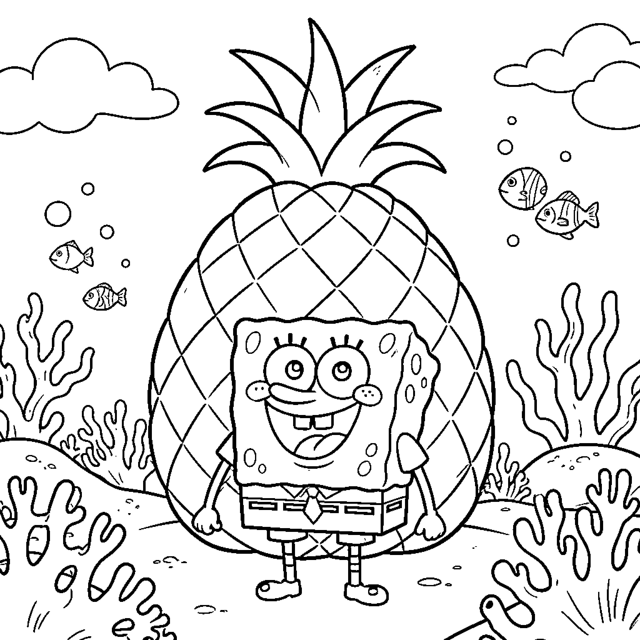 Spongebob in an underwater pineapple home Coloring Page (free black-and-white line drawing printable PDF for all, from beginners to advanced learners, including children, teens, adults, and seniors)
