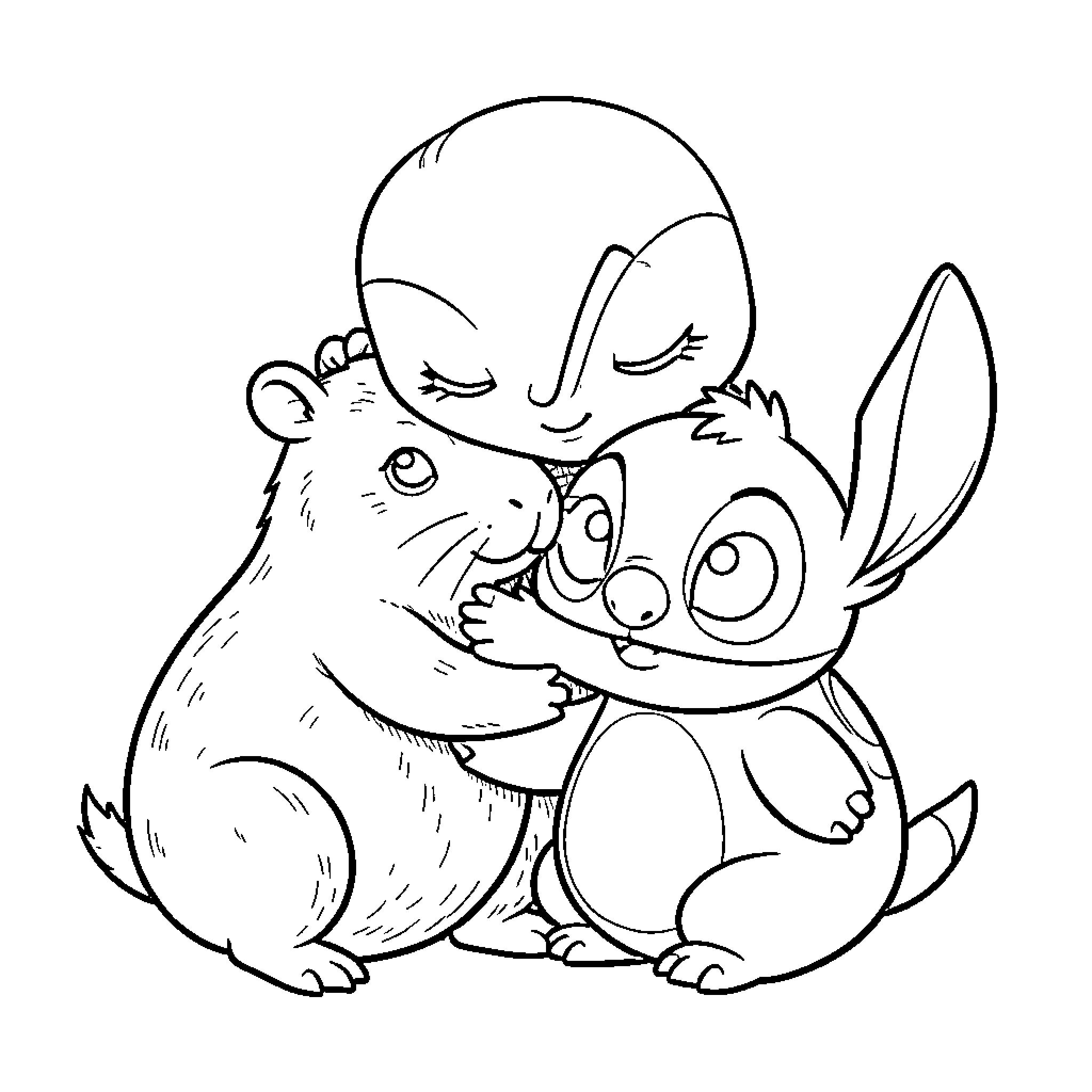 Labubu's Playful Companions Coloring Page (free black-and-white line drawing printable PDF for all, from beginners to advanced learners, including children, teens, adults, and seniors)