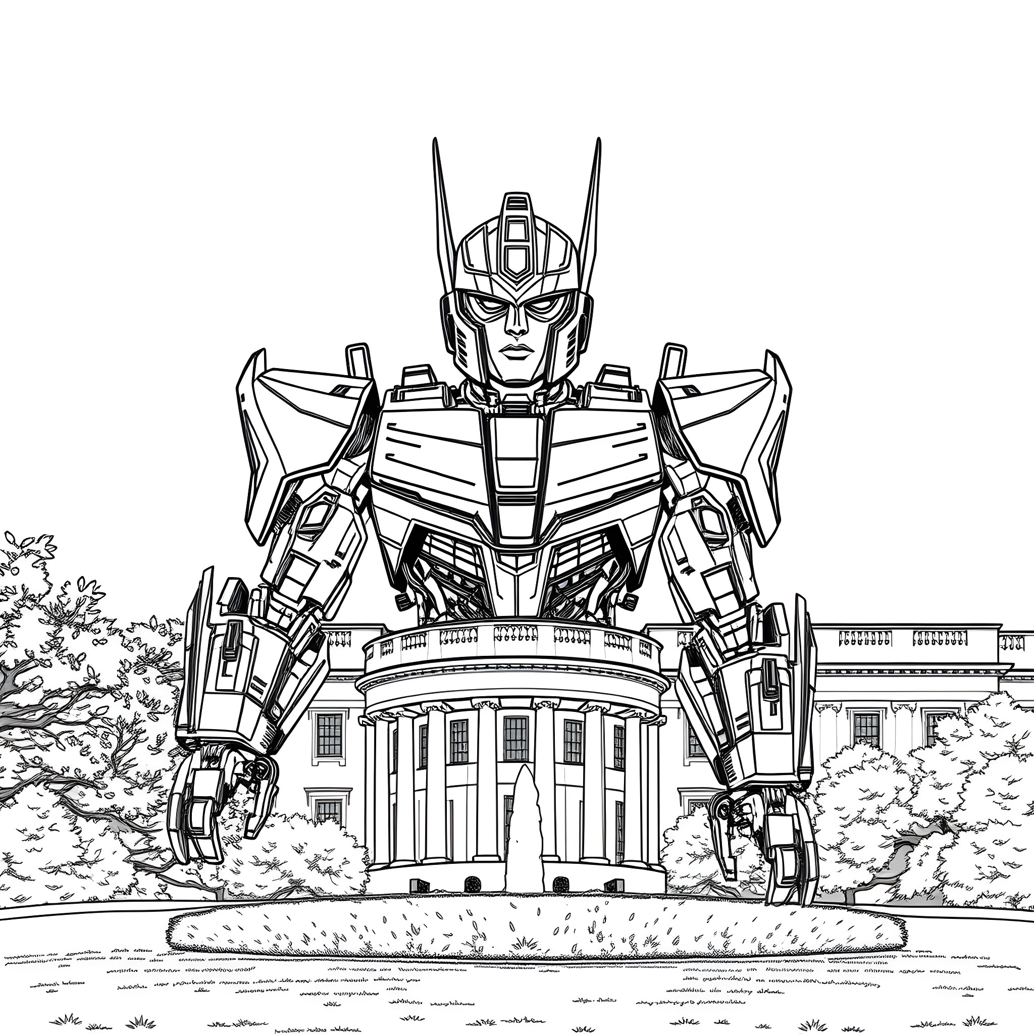 Megatron, the Transforming Robot, Stands Tall Before the White House Coloring Page (free black-and-white line drawing printable PDF for all, from beginners to advanced learners, including children, teens, adults, and seniors)