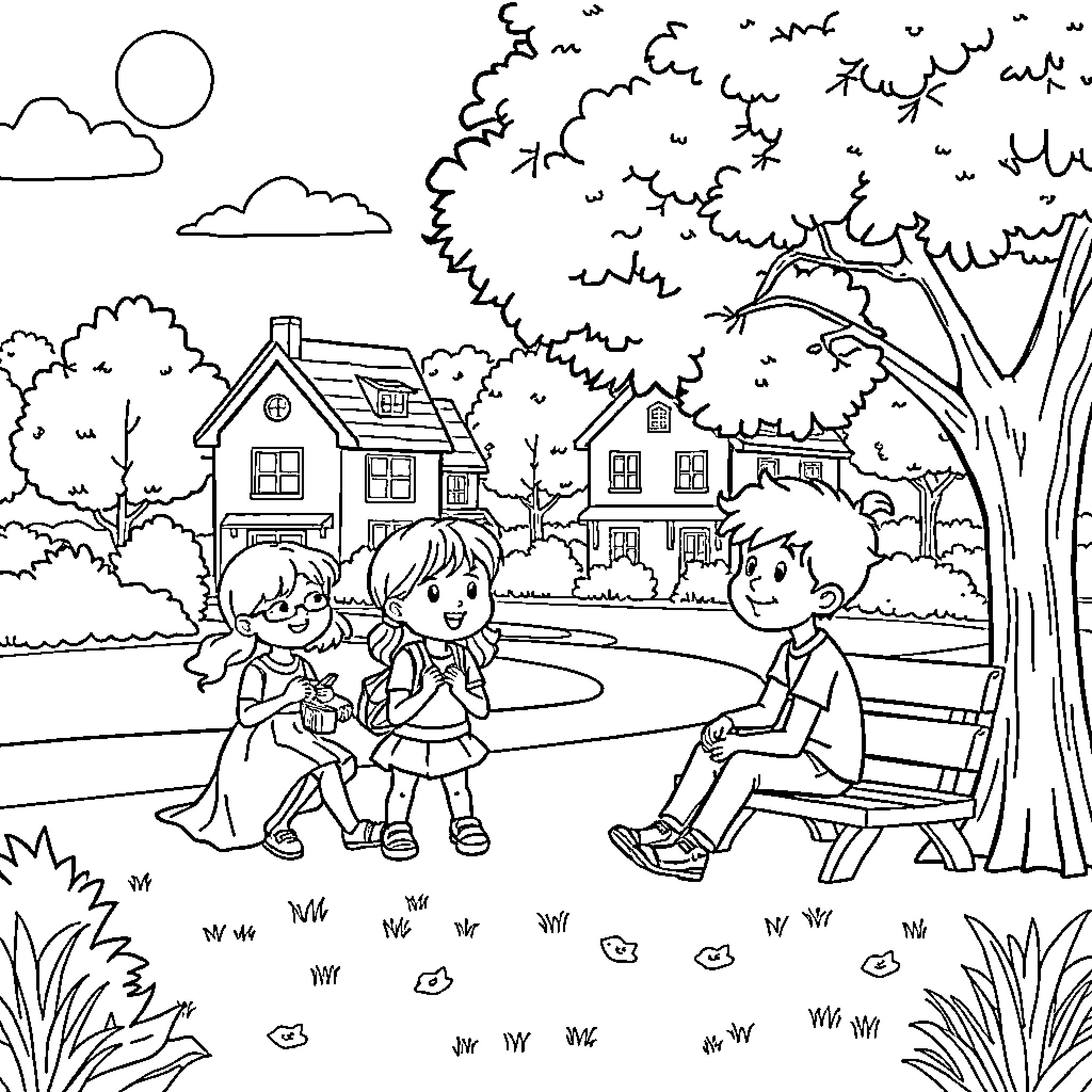 Friend's fun playing outdoors on sunny day Coloring Page (free black-and-white line drawing printable PDF for all, from beginners to advanced learners, including children, teens, adults, and seniors)