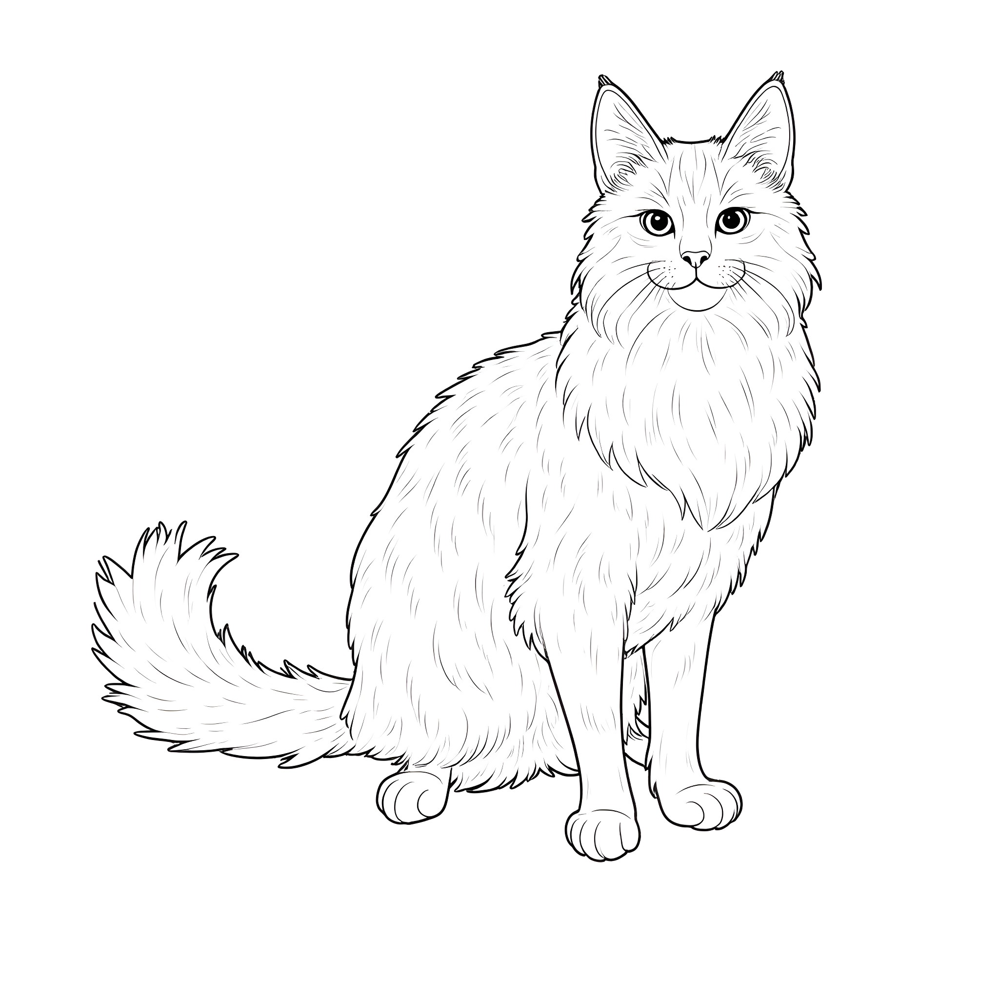 Maine Coon cat sitting calmly Coloring Page (free black-and-white line drawing printable PDF for all, from beginners to advanced learners, including children, teens, adults, and seniors)