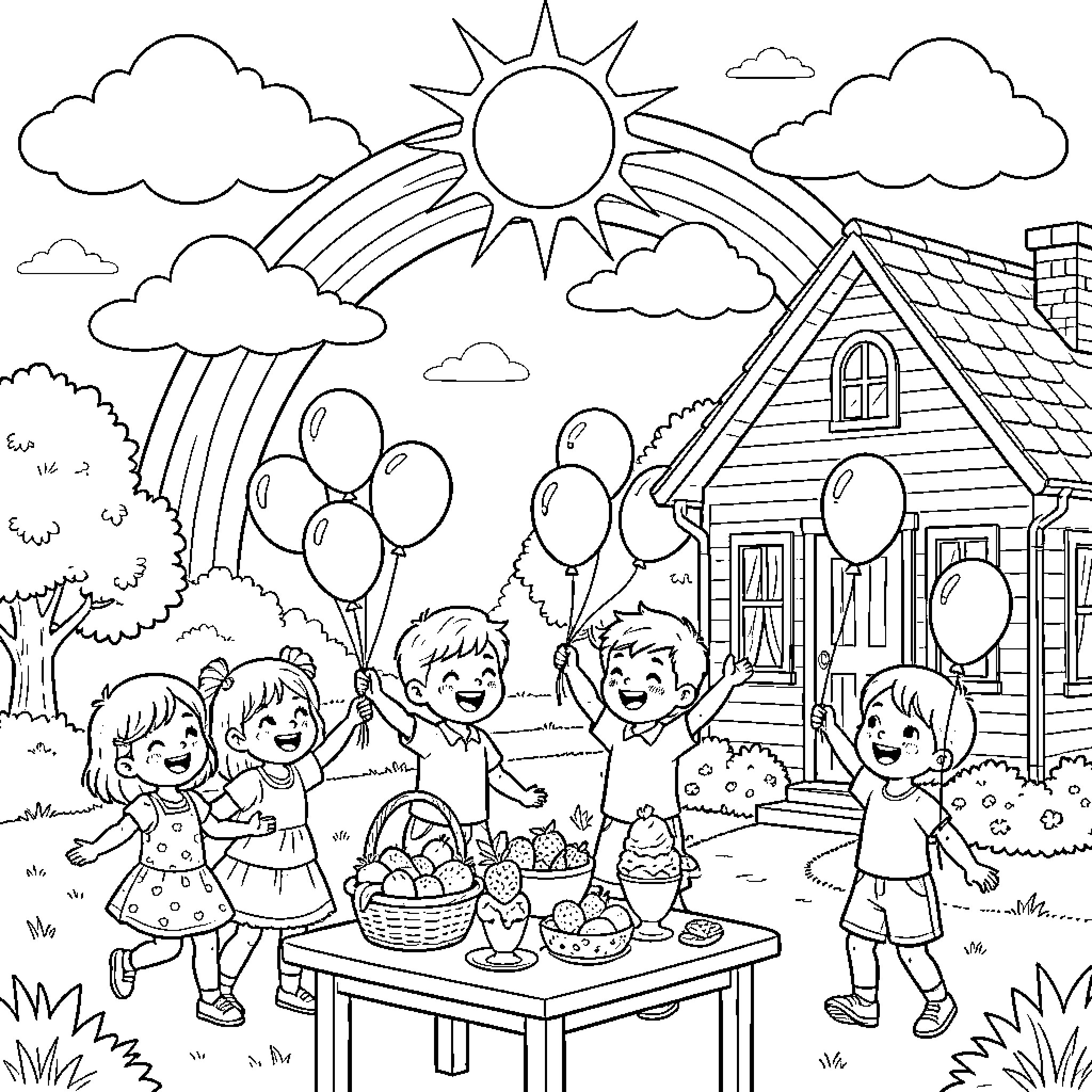 Sun shining over children celebrating with balloons and snacks Coloring Page (free black-and-white line drawing printable PDF for all, from beginners to advanced learners, including children, teens, adults, and seniors)