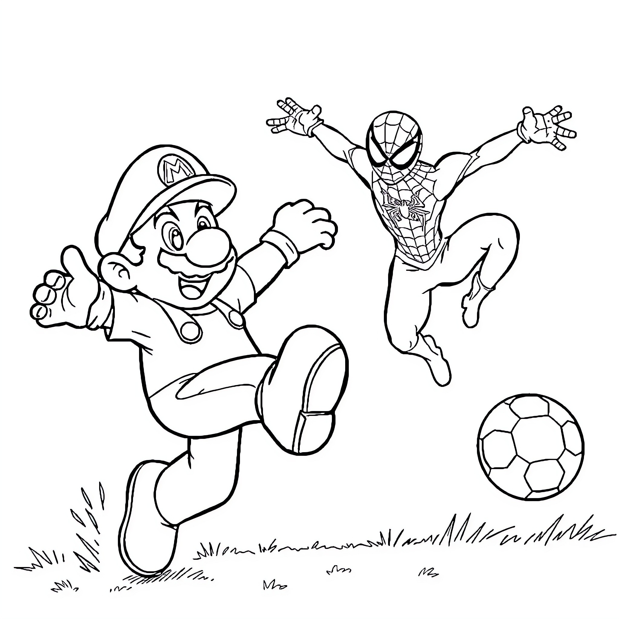 Mario and Spider-Man playing soccer together Coloring Page (free black-and-white line drawing printable PDF for all, from beginners to advanced learners, including children, teens, adults, and seniors)
