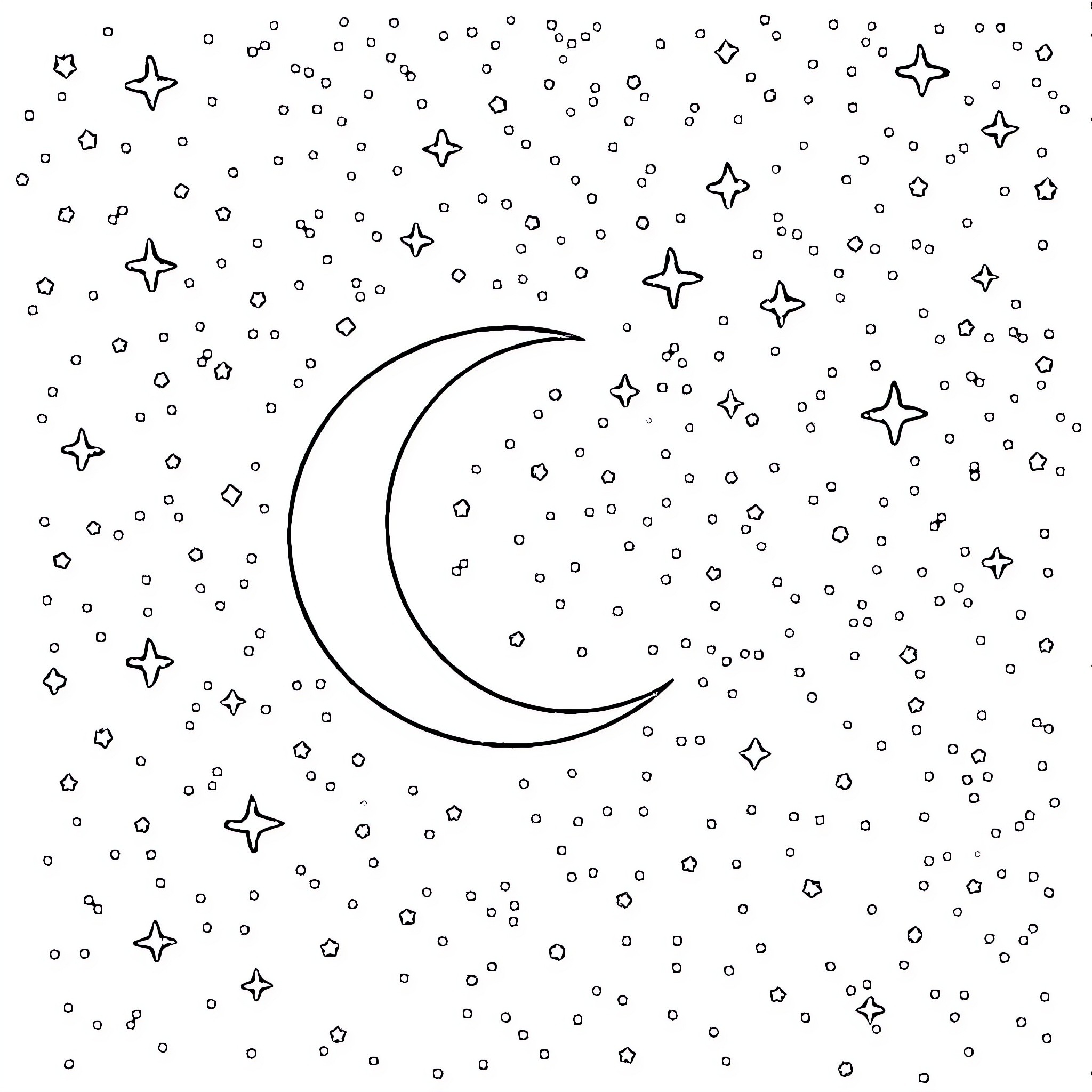 Star-filled night sky with crescent moon Coloring Page (free black-and-white line drawing printable PDF for all, from beginners to advanced learners, including children, teens, adults, and seniors)