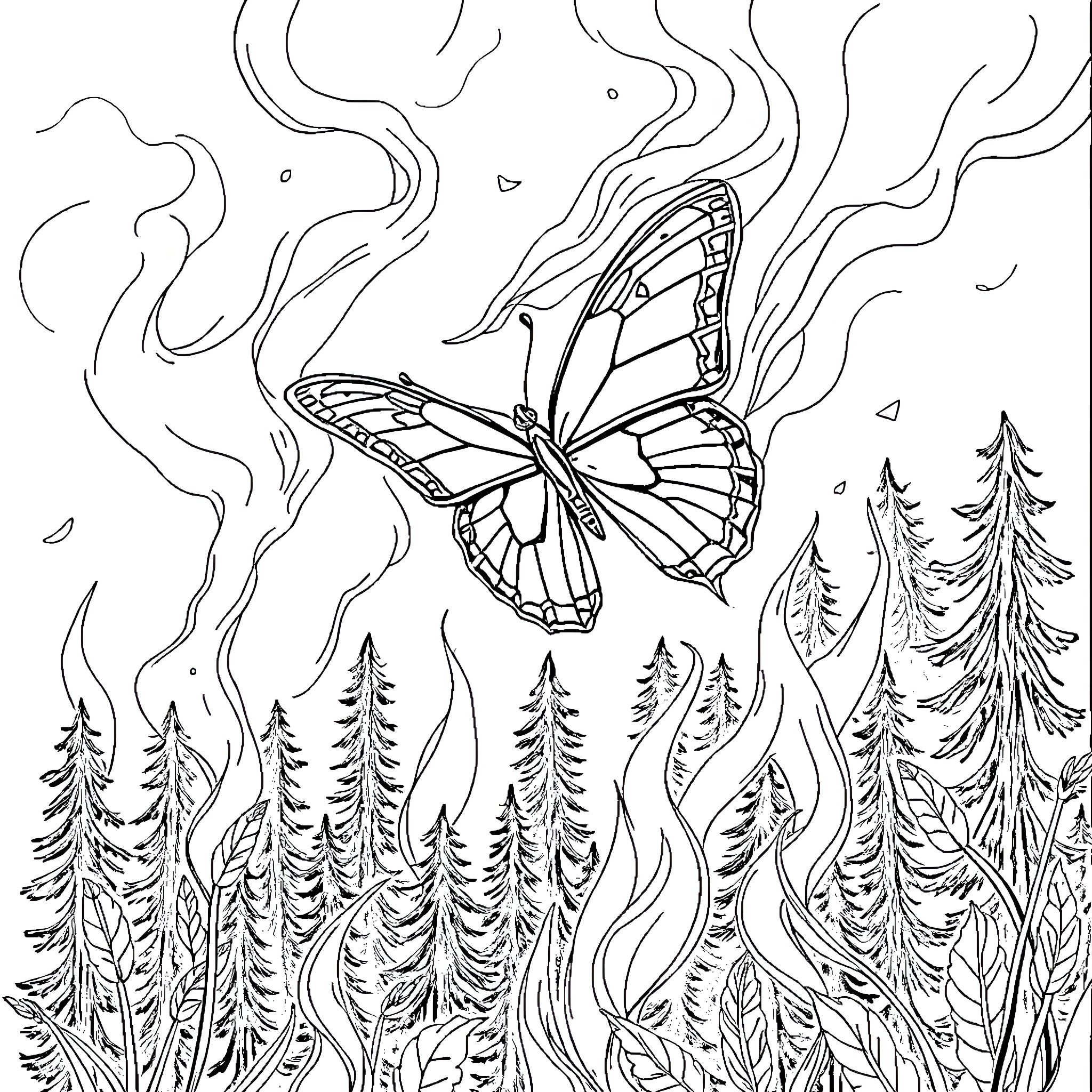 Butterfly soaring through a mystical forest landscape Coloring Page (free black-and-white line drawing printable PDF for all, from beginners to advanced learners, including children, teens, adults, and seniors)