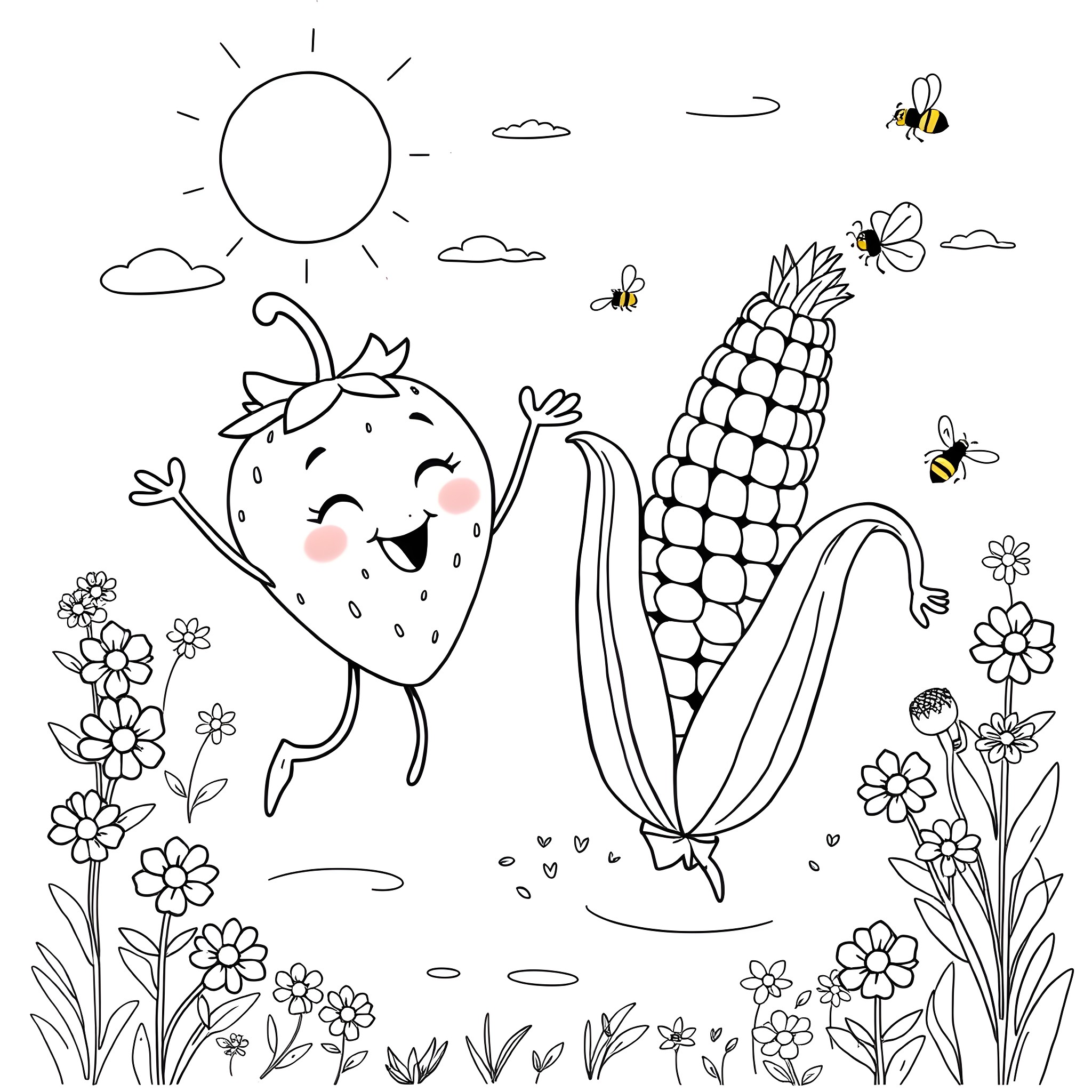 Strawberry and Corn Cob Enjoying Sunny Day with Bees Coloring Page (free black-and-white line drawing printable PDF for all, from beginners to advanced learners, including children, teens, adults, and seniors)