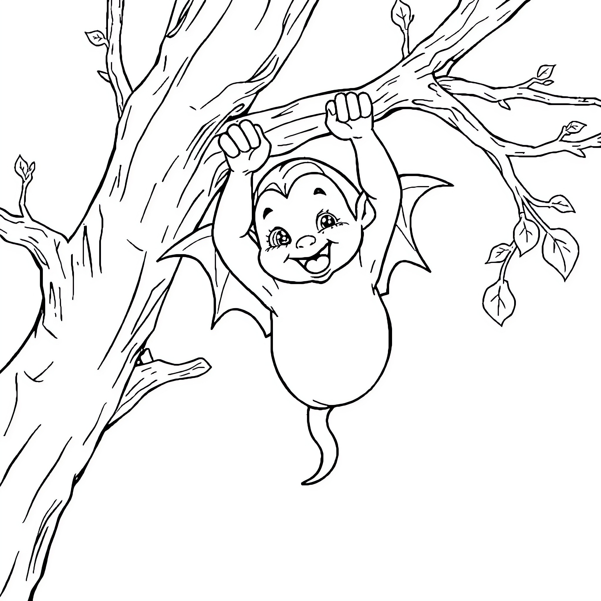 Baby Vampire hanging from a tree Coloring Page (free black-and-white line drawing printable PDF for all, from beginners to advanced learners, including children, teens, adults, and seniors)