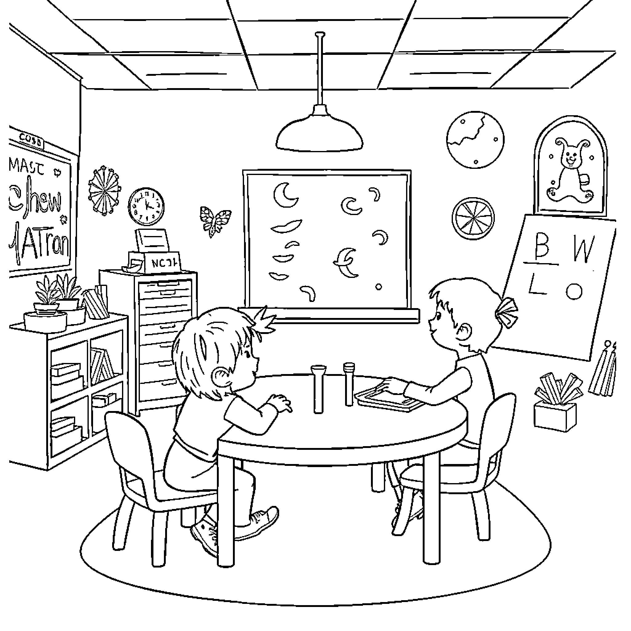 Kindergarten students engaged in creative activities Coloring Page (free black-and-white line drawing printable PDF for all, from beginners to advanced learners, including children, teens, adults, and seniors)