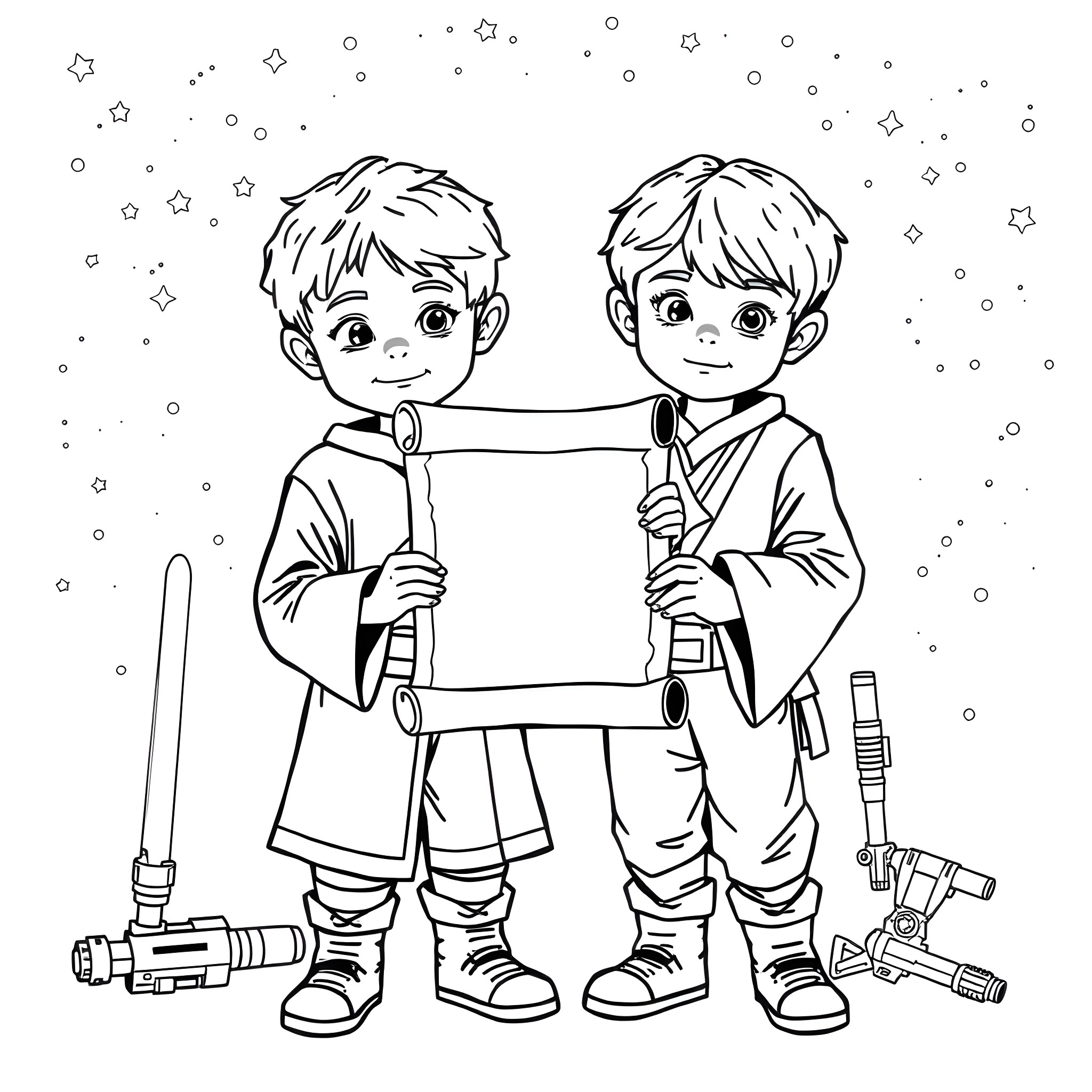 Star Wars Kid Enjoying Galaxy-Themed Adventures Coloring Page (free black-and-white line drawing printable PDF for all, from beginners to advanced learners, including children, teens, adults, and seniors)