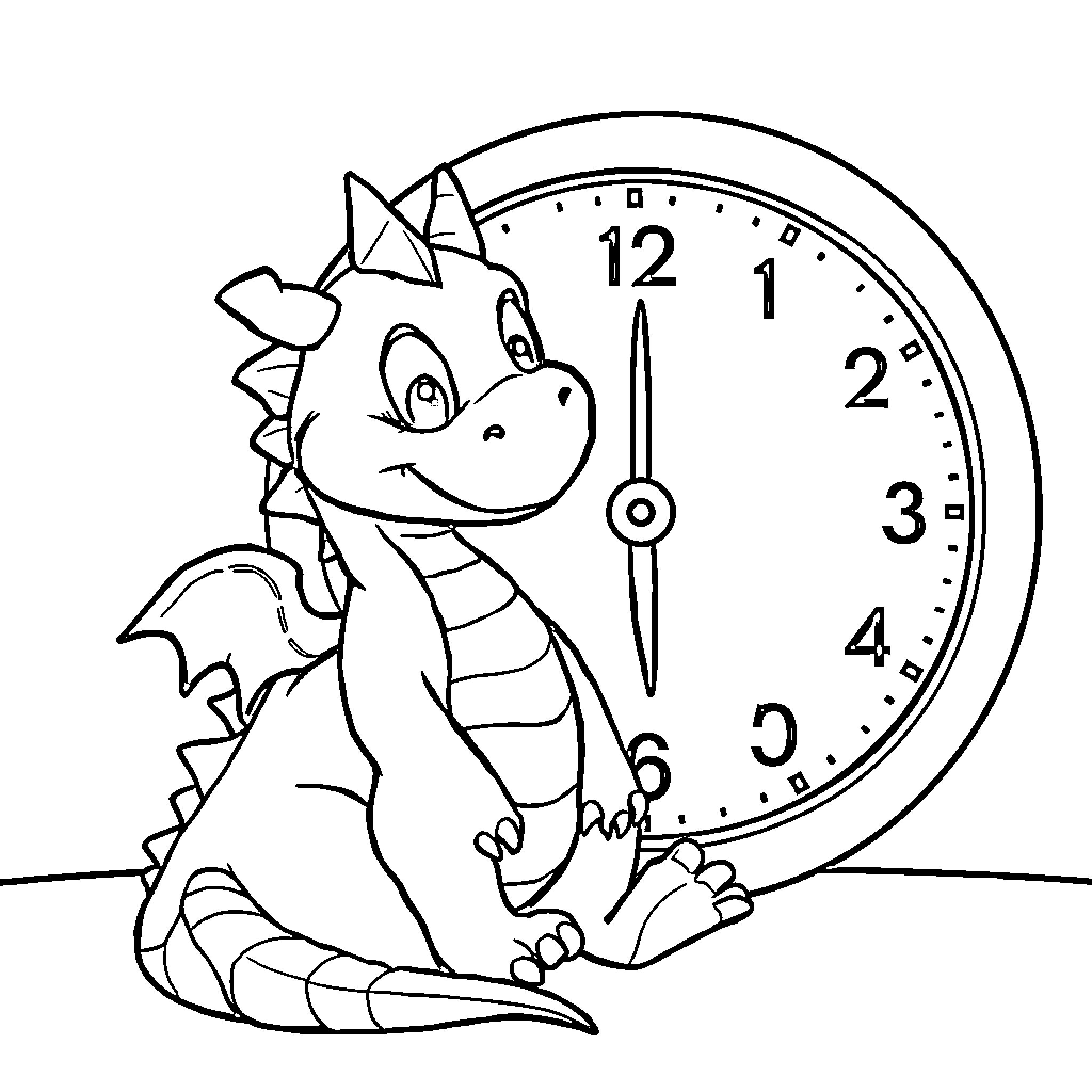 Dragon keeping time with a clock Coloring Page (free black-and-white line drawing printable PDF for all, from beginners to advanced learners, including children, teens, adults, and seniors)