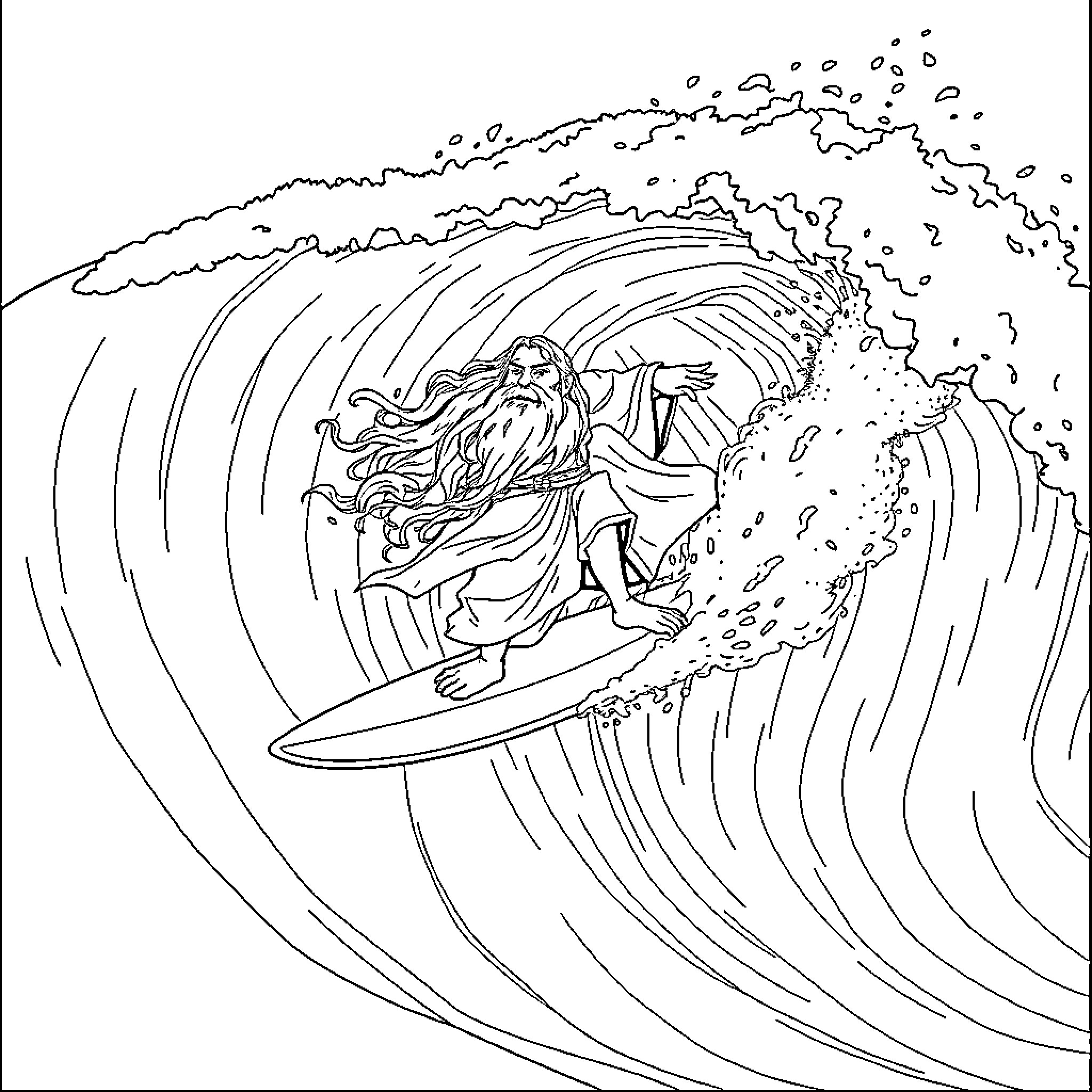 Gandalf the Wizard Surfing a Magical Wave Coloring Page (free black-and-white line drawing printable PDF for all, from beginners to advanced learners, including children, teens, adults, and seniors)