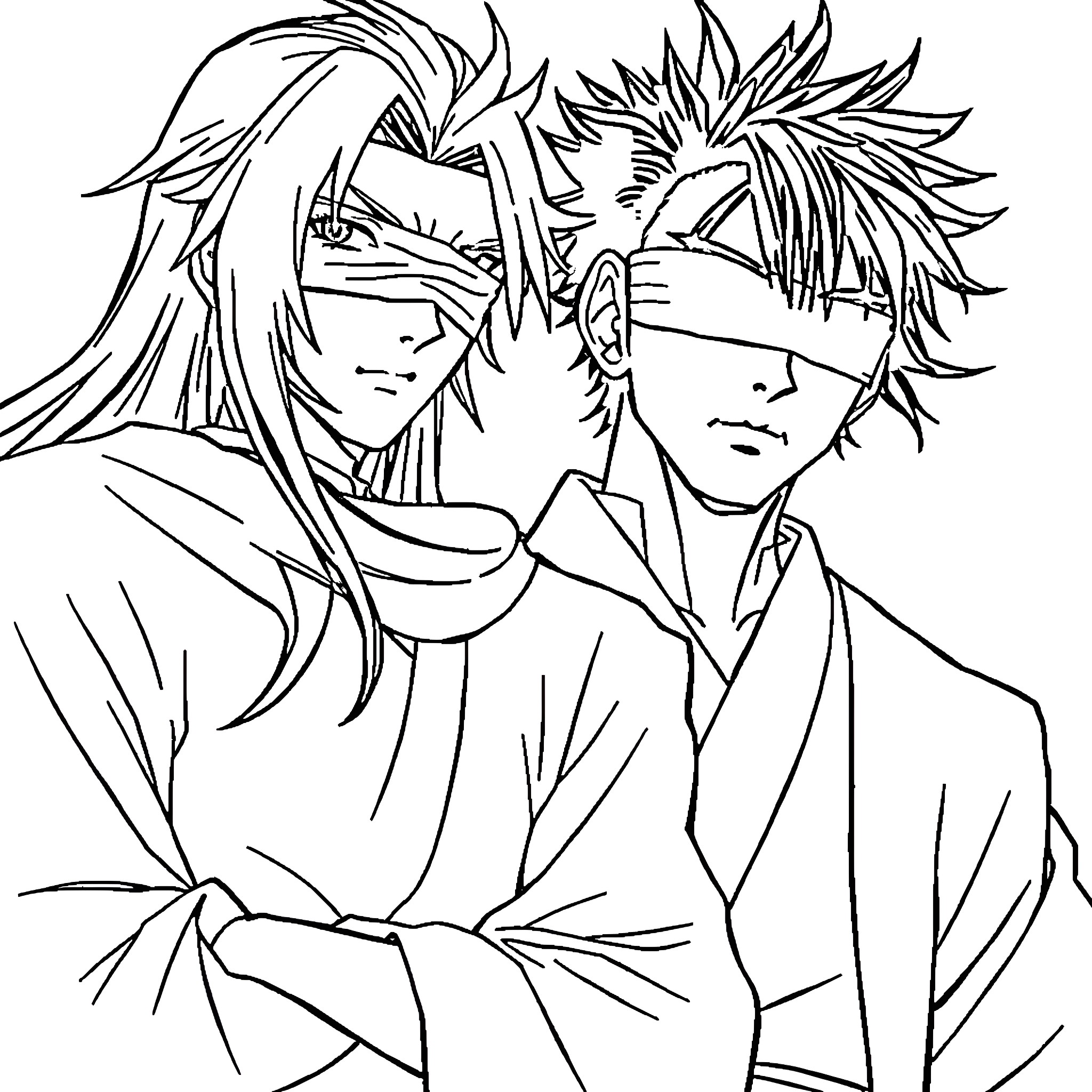 Gojo Satoru and companion in formal attire Coloring Page (free black-and-white line drawing printable PDF for all, from beginners to advanced learners, including children, teens, adults, and seniors)