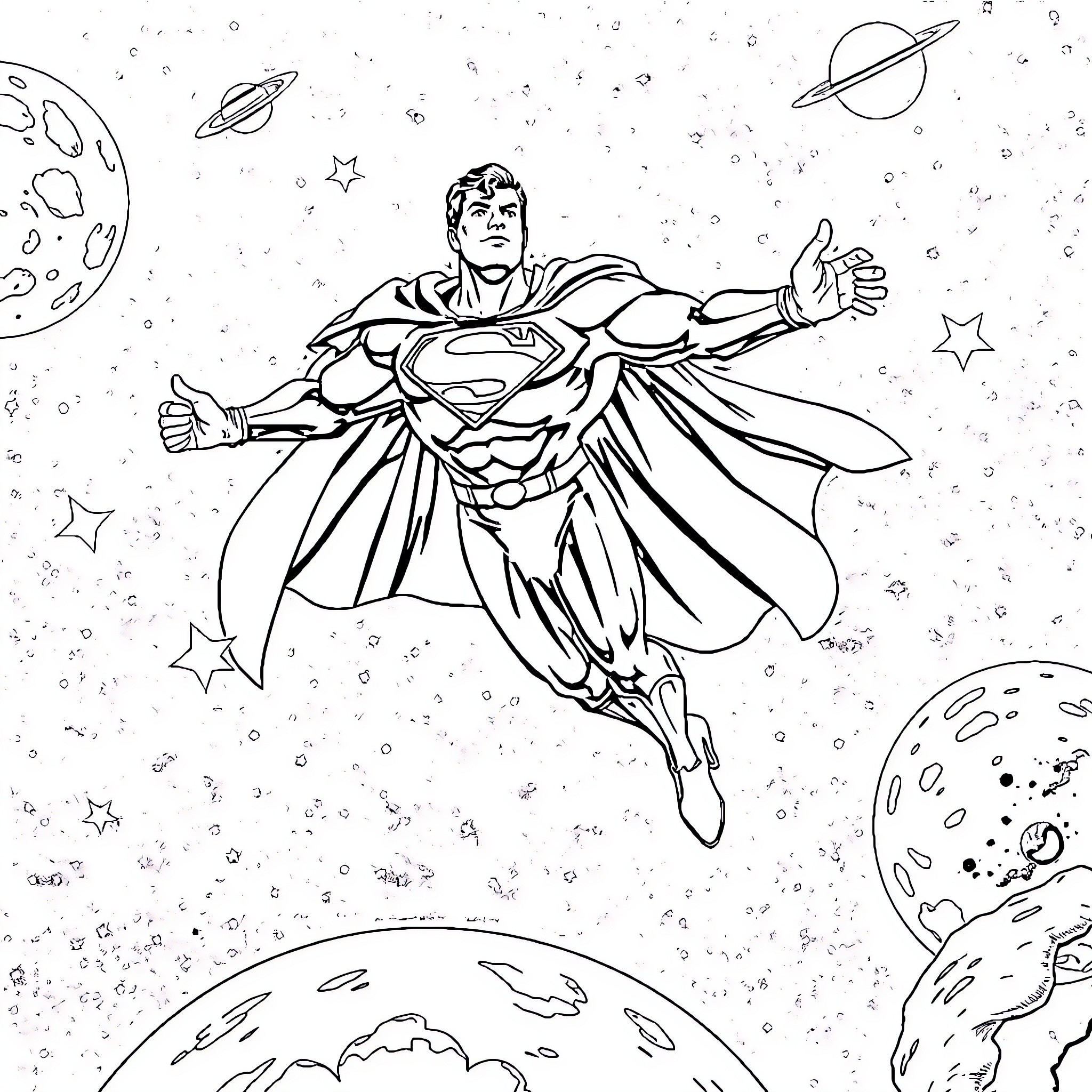Superman soaring through cosmic space Coloring Page (free black-and-white line drawing printable PDF for all, from beginners to advanced learners, including children, teens, adults, and seniors)