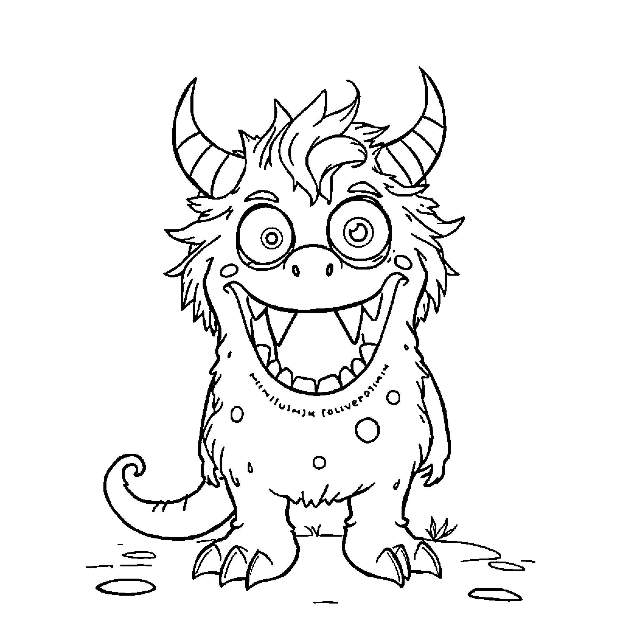 Monster with Horns Expressing Delight Coloring Page (free black-and-white line drawing printable PDF for all, from beginners to advanced learners, including children, teens, adults, and seniors)