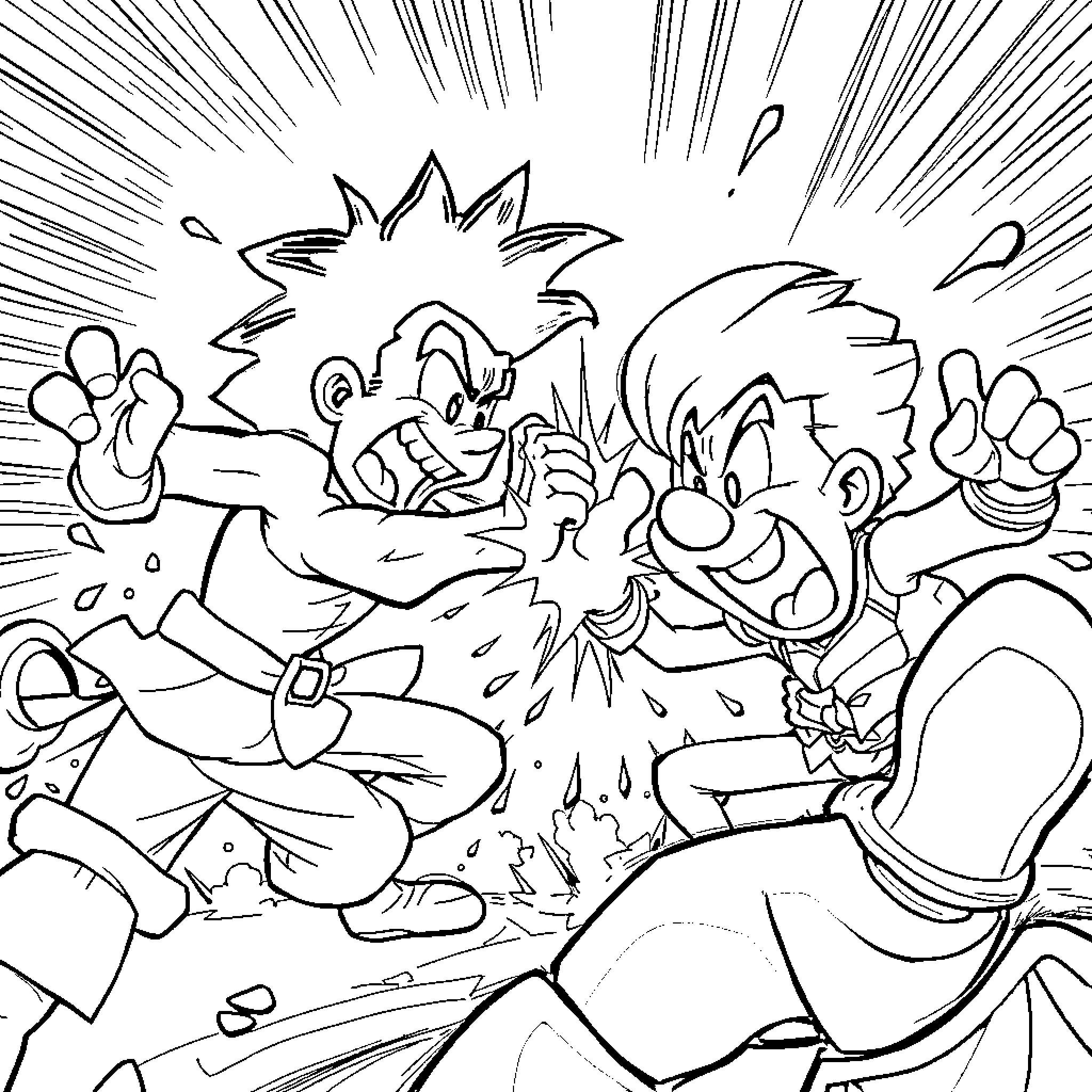 Dandy duo's dynamic fight scene Coloring Page (free black-and-white line drawing printable PDF for all, from beginners to advanced learners, including children, teens, adults, and seniors)