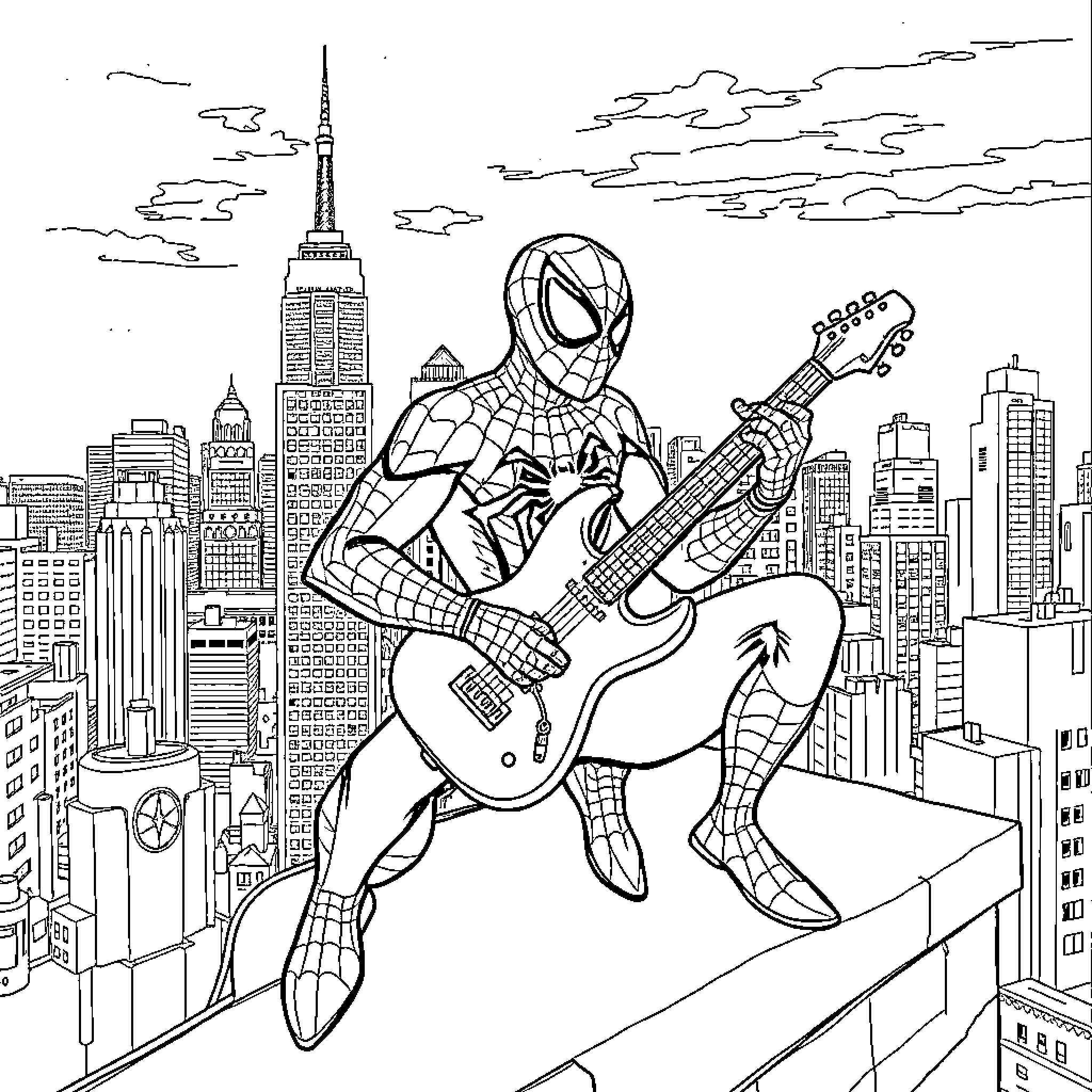Spiderman playing guitar on a skyscraper with cityscape Coloring Page (free black-and-white line drawing printable PDF for all, from beginners to advanced learners, including children, teens, adults, and seniors)