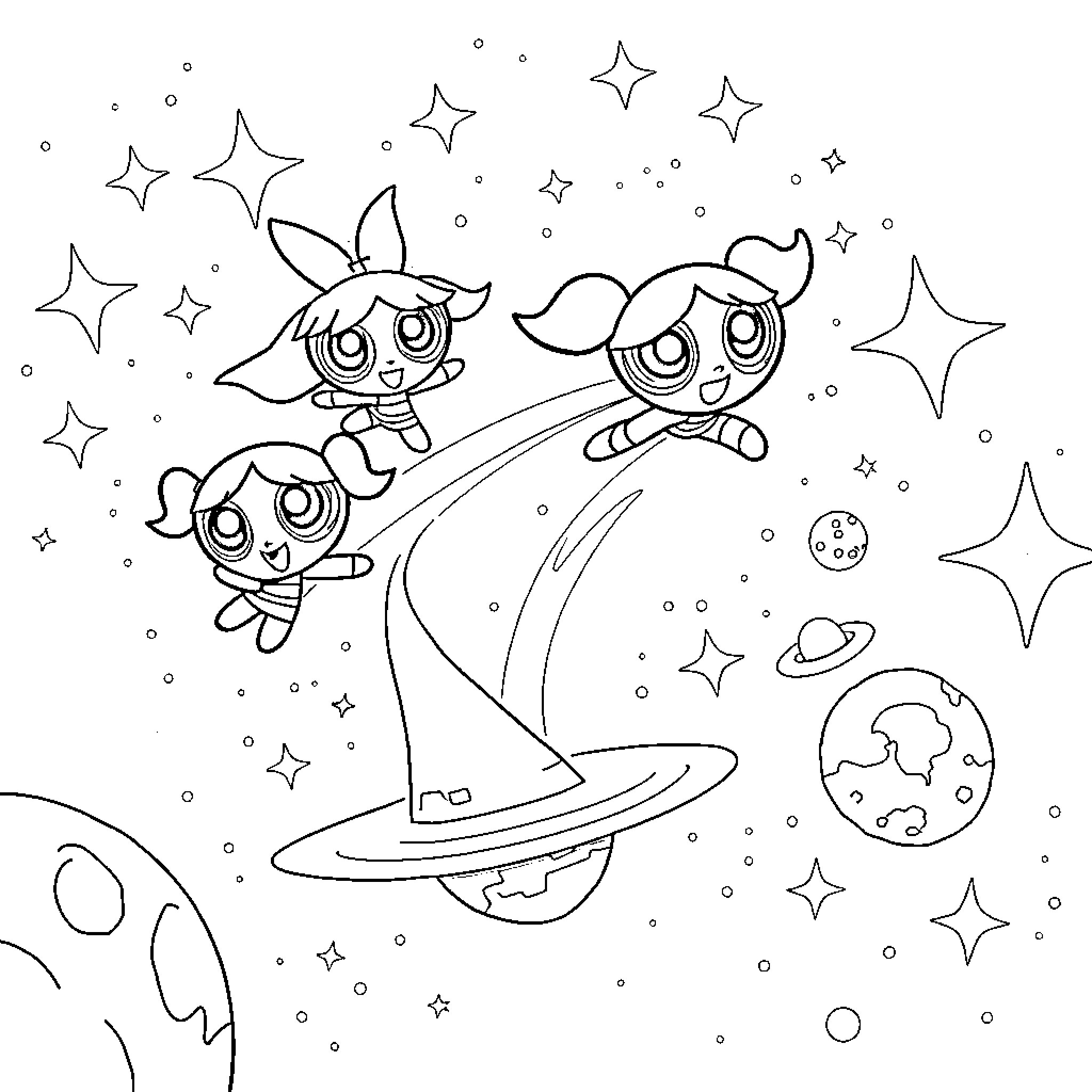 Powerpuff Girls exploring the cosmic universe Coloring Page (free black-and-white line drawing printable PDF for all, from beginners to advanced learners, including children, teens, adults, and seniors)