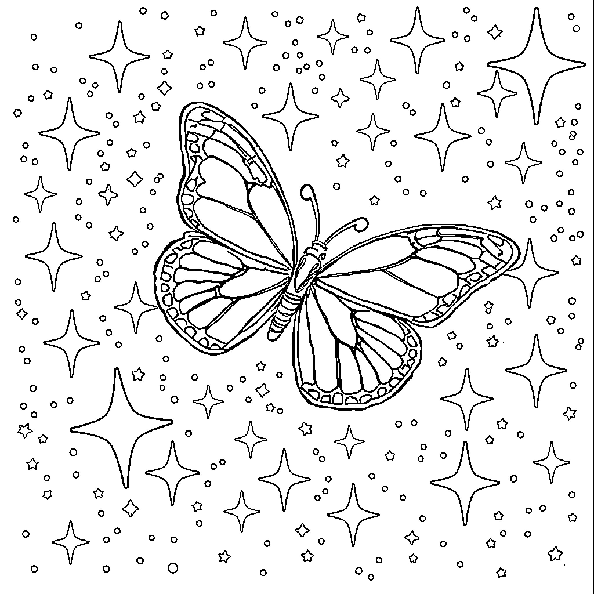 Butterfly surrounded by sparkling stars Coloring Page (free black-and-white line drawing printable PDF for all, from beginners to advanced learners, including children, teens, adults, and seniors)