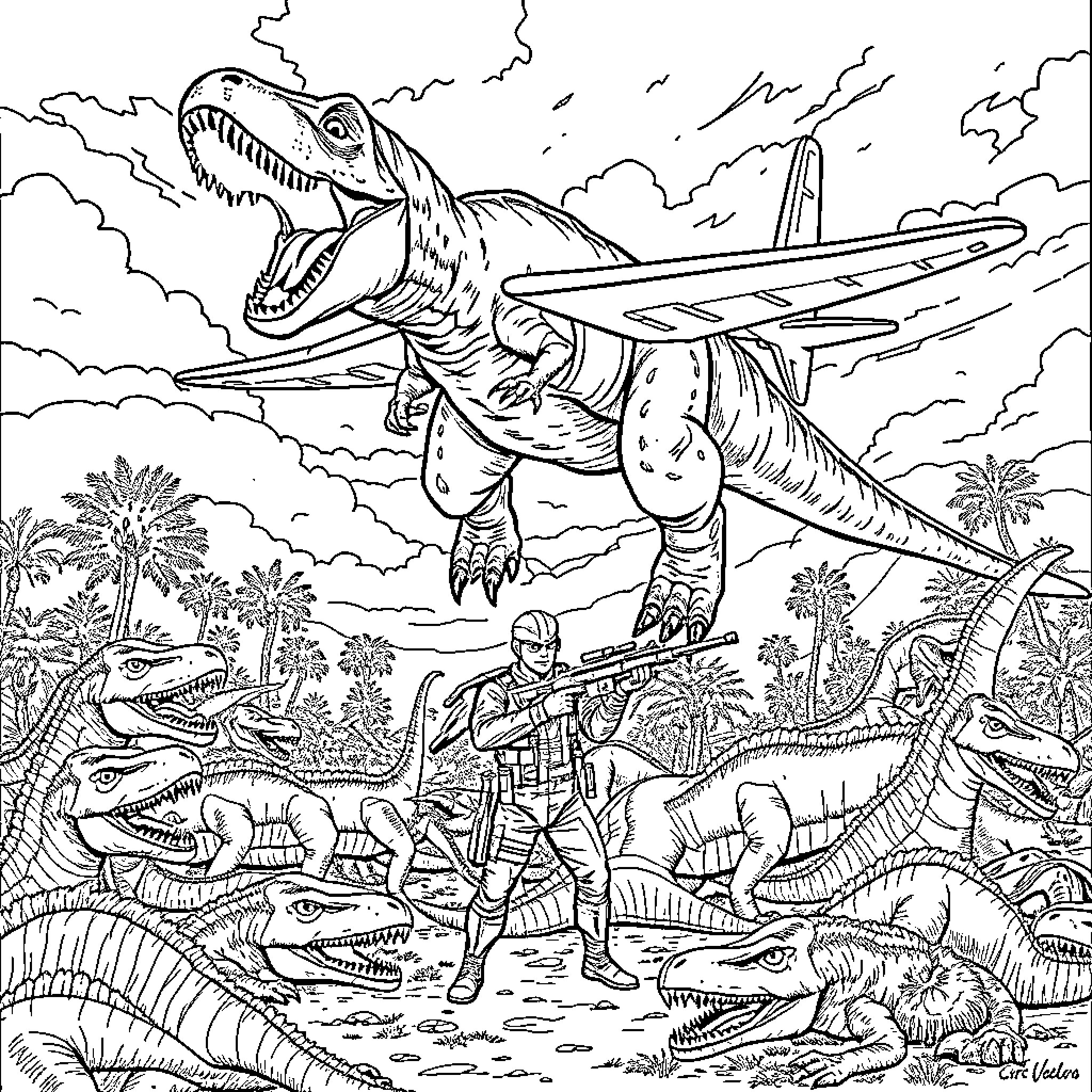 T-Rex soaring over jungle with armed explorer Coloring Page (free black-and-white line drawing printable PDF for all, from beginners to advanced learners, including children, teens, adults, and seniors)