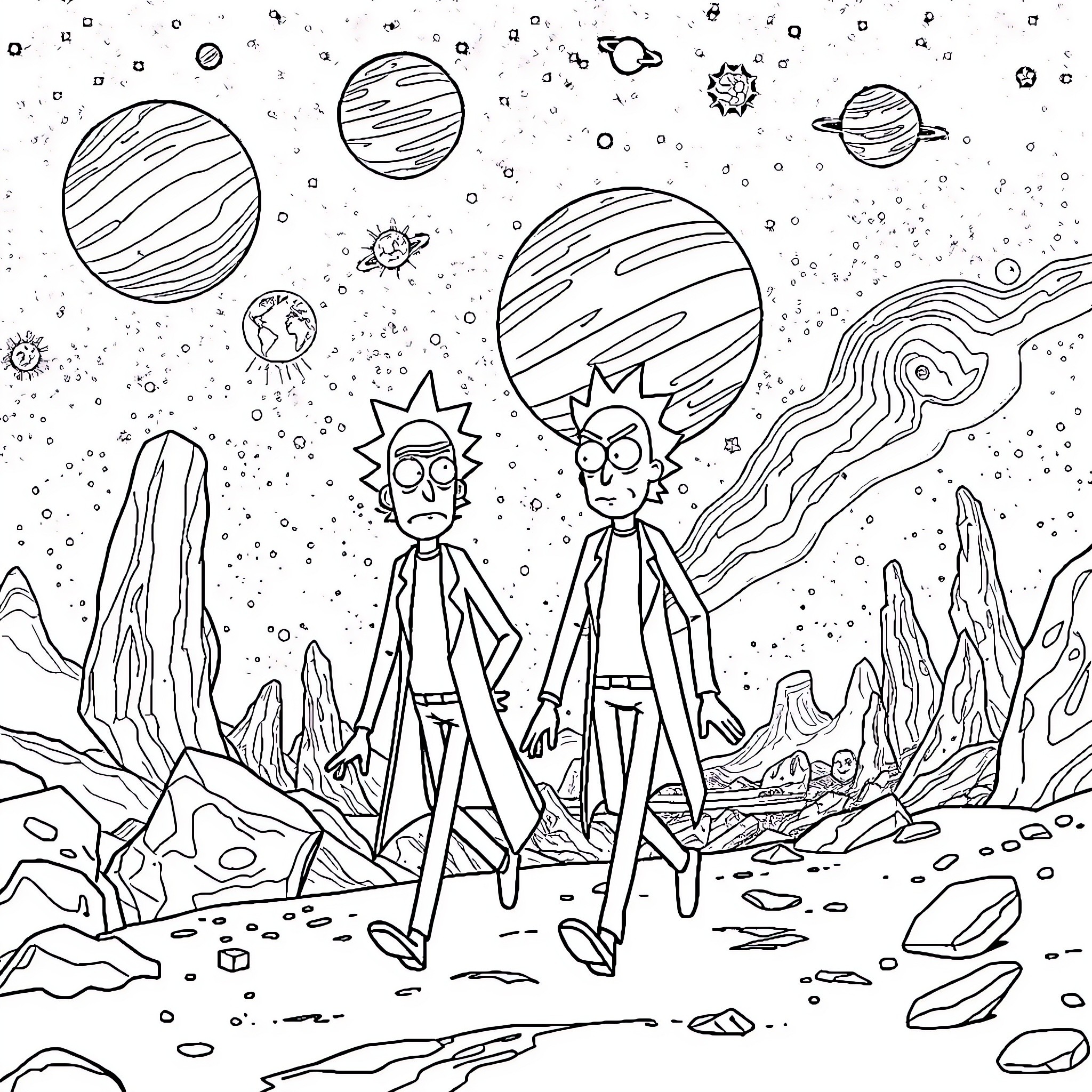 Rick and Morty's Interstellar Adventure Coloring Page (free black-and-white line drawing printable PDF for all, from beginners to advanced learners, including children, teens, adults, and seniors)