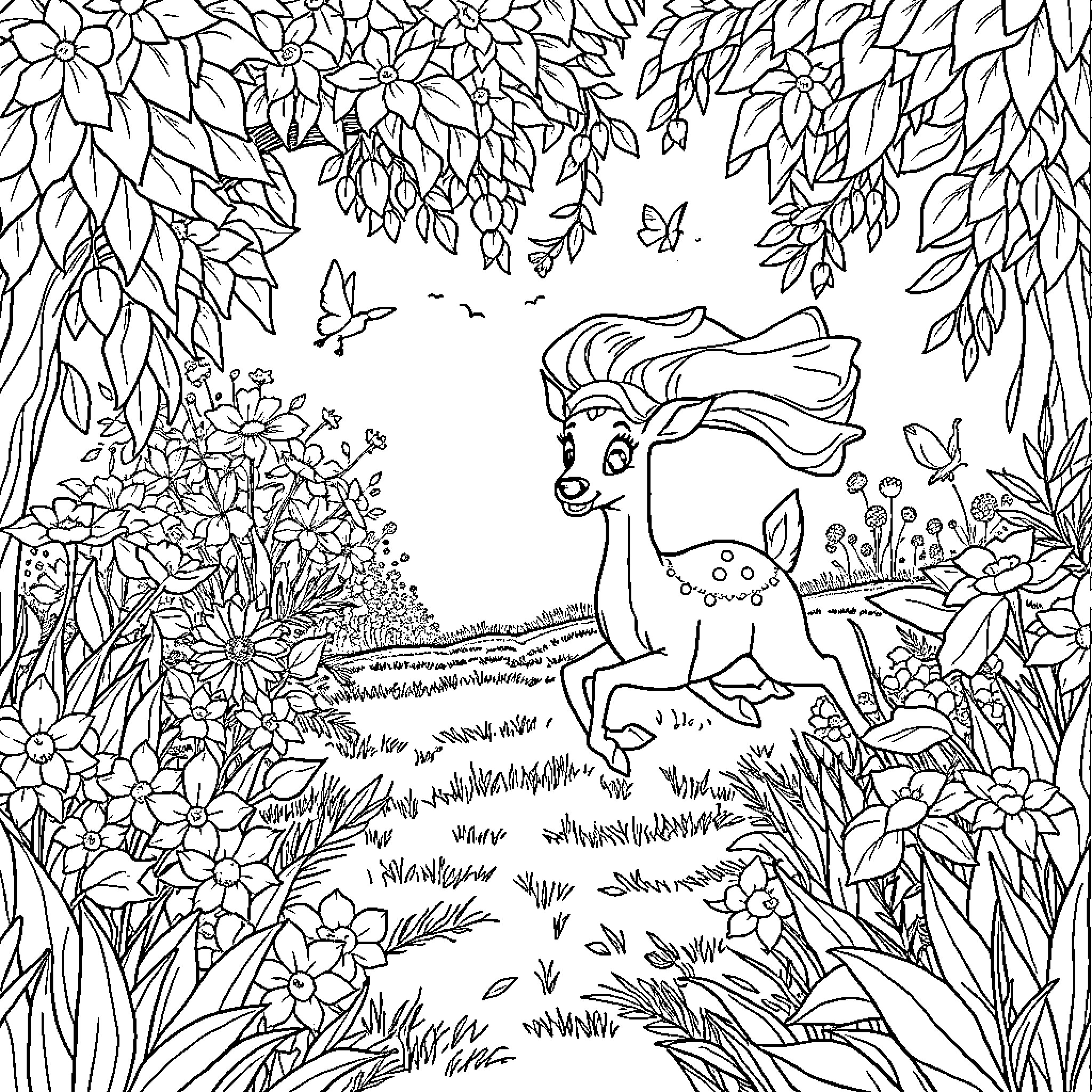 Lana's Enchanted Forest Adventure Coloring Page (free black-and-white line drawing printable PDF for all, from beginners to advanced learners, including children, teens, adults, and seniors)