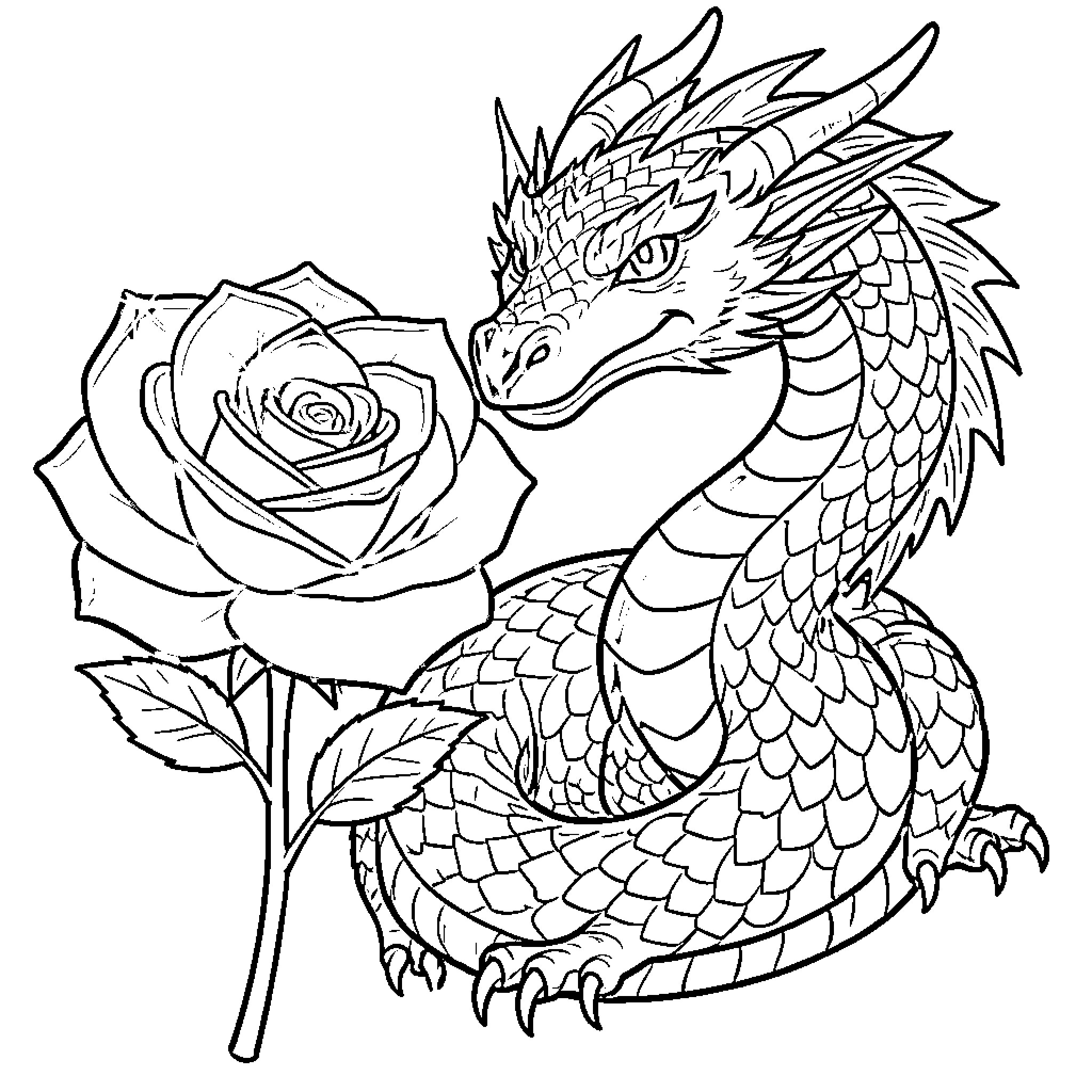 Rose Dragon with Flower Entwined Coloring Page (free black-and-white line drawing printable PDF for all, from beginners to advanced learners, including children, teens, adults, and seniors)