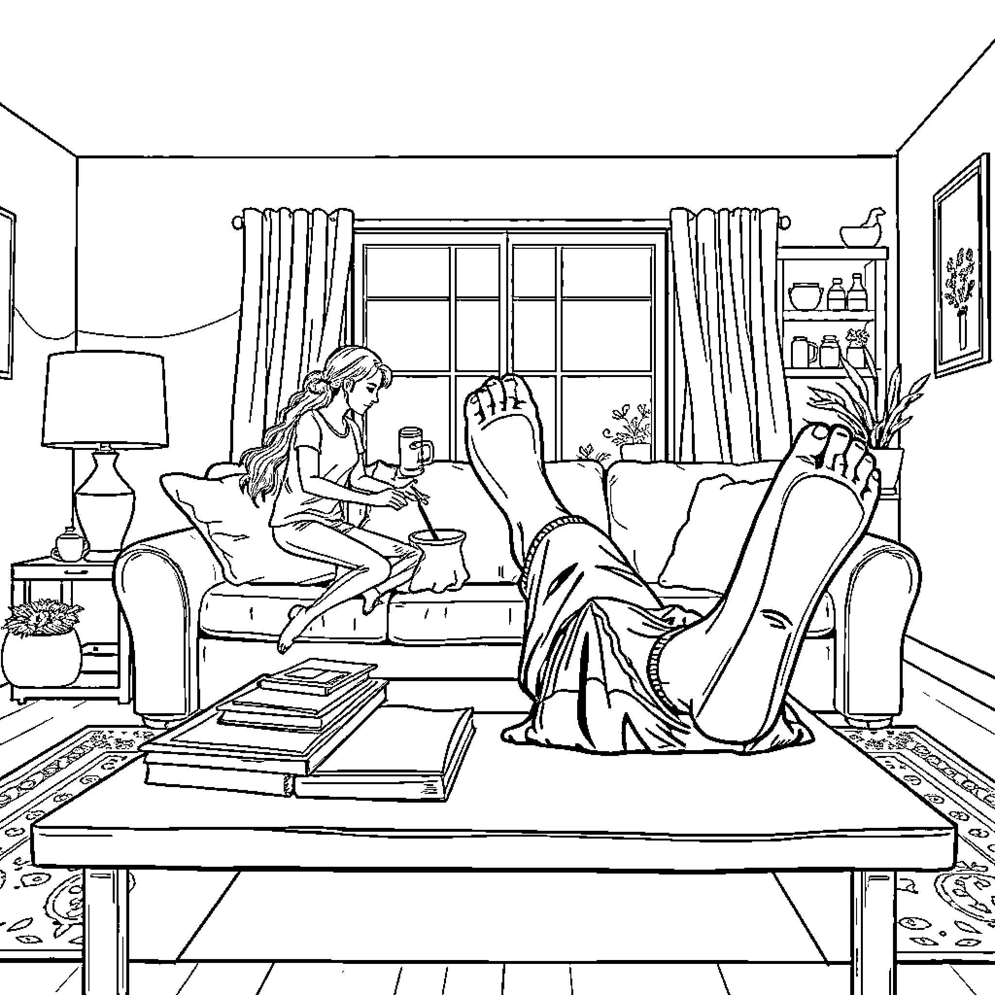 Family relaxing together in cozy living room Coloring Page (free black-and-white line drawing printable PDF for all, from beginners to advanced learners, including children, teens, adults, and seniors)