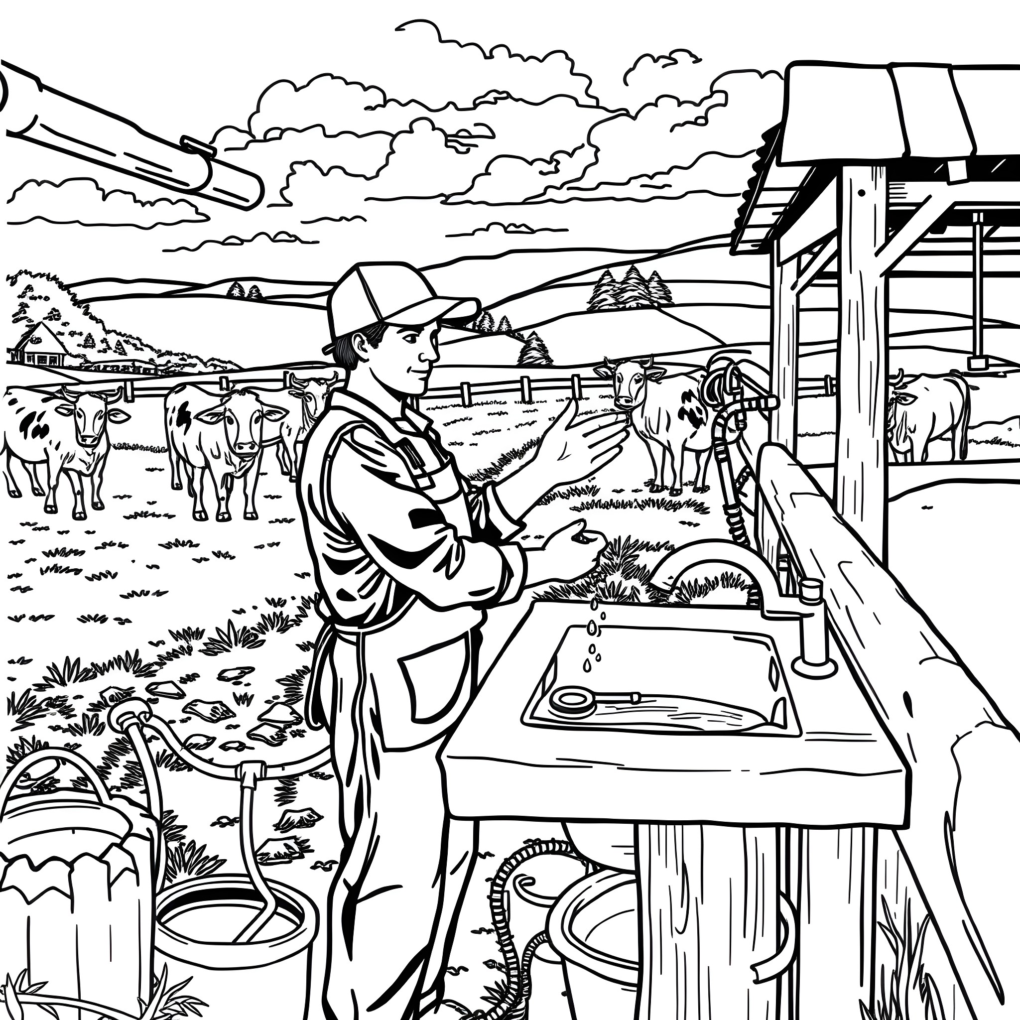 Hygiene practices on a rural farm Coloring Page (free black-and-white line drawing printable PDF for all, from beginners to advanced learners, including children, teens, adults, and seniors)