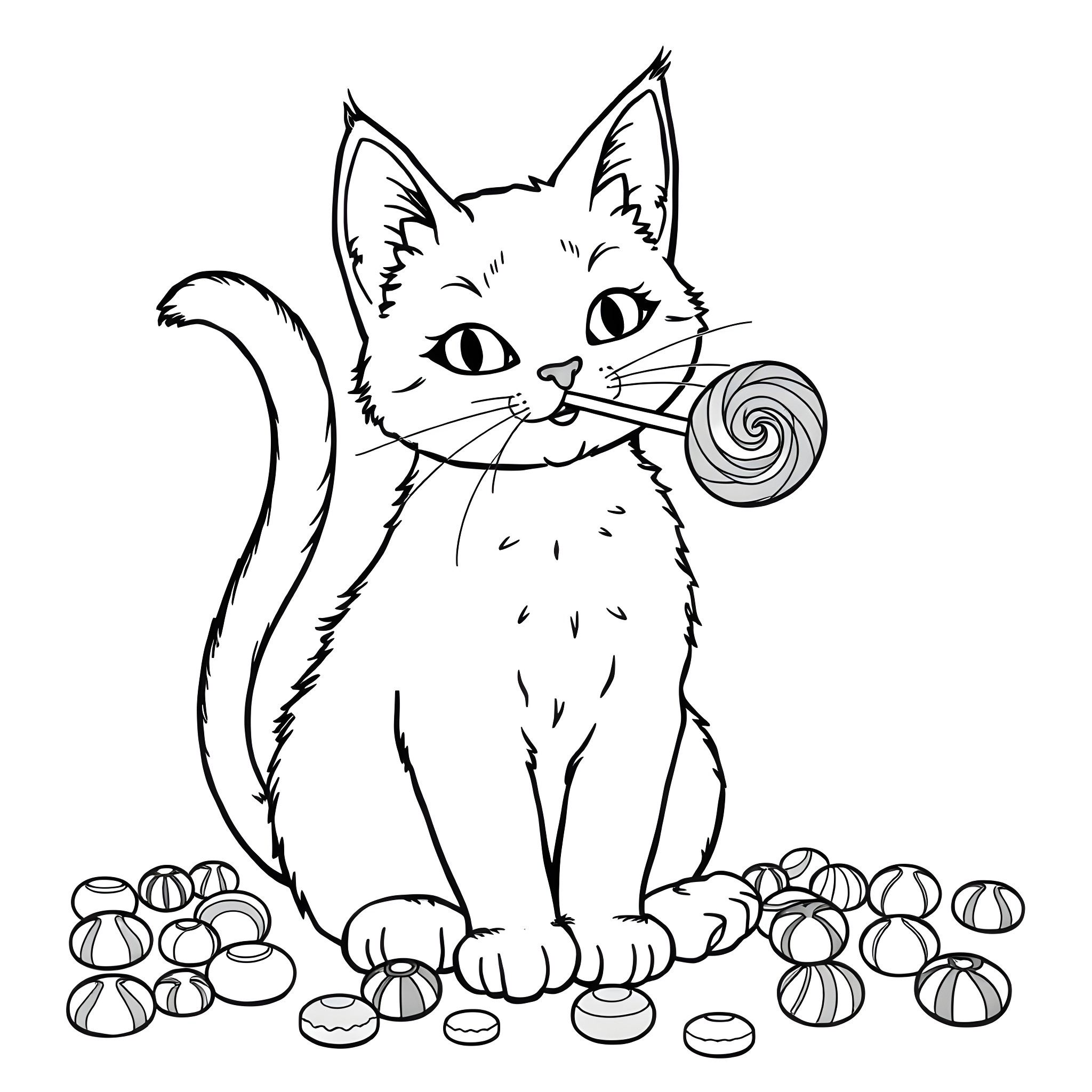 Cat with a lollipop surrounded by sweets Coloring Page (free black-and-white line drawing printable PDF for all, from beginners to advanced learners, including children, teens, adults, and seniors)
