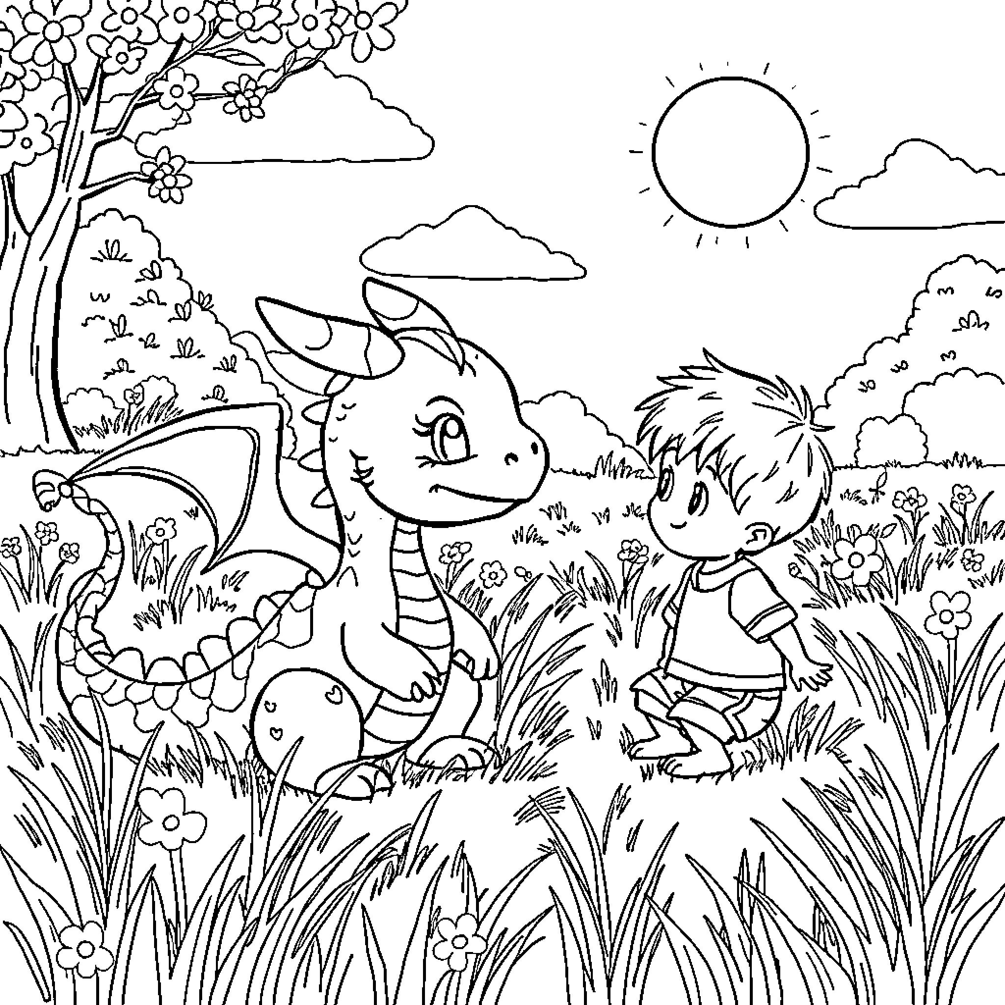 Dragon characters in a nature scene Coloring Page (free black-and-white line drawing printable PDF for all, from beginners to advanced learners, including children, teens, adults, and seniors)