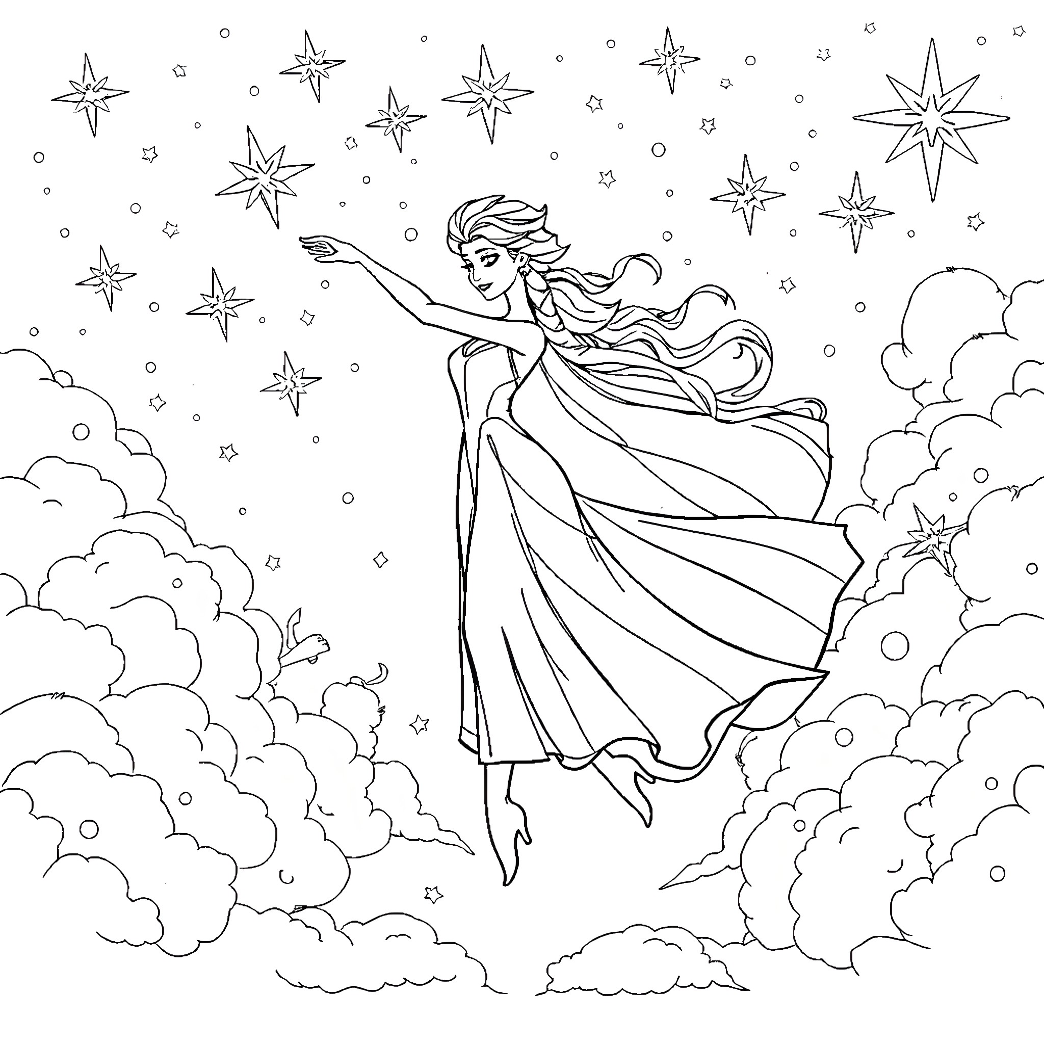 Elsa dancing among the starry night sky Coloring Page (free black-and-white line drawing printable PDF for all, from beginners to advanced learners, including children, teens, adults, and seniors)