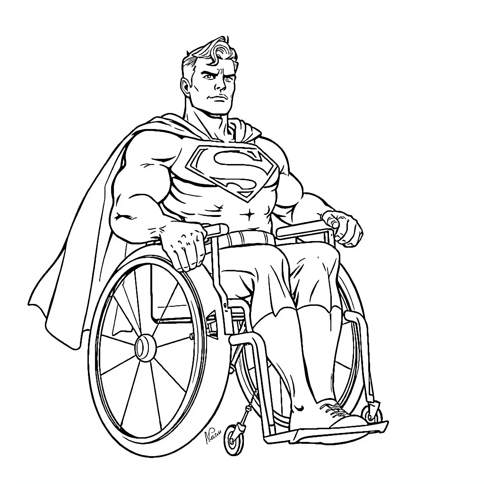 Superman in heroic wheelchair pose Coloring Page (free black-and-white line drawing printable PDF for all, from beginners to advanced learners, including children, teens, adults, and seniors)