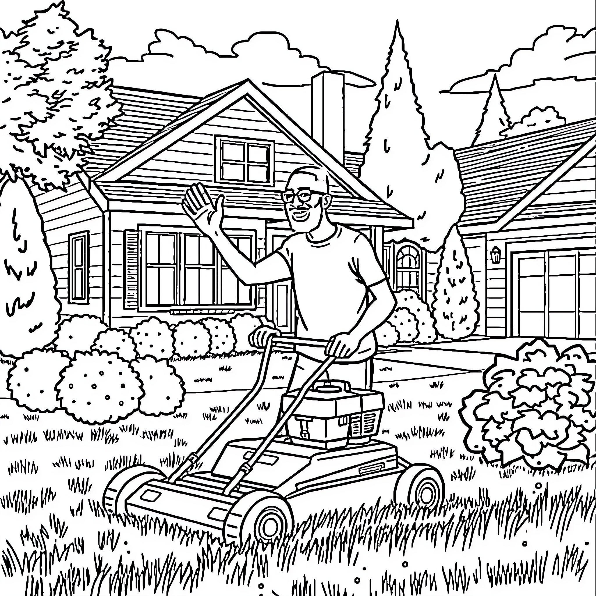 Kareem Abdul-Jabbar mowing the lawn in front of a suburban home Coloring Page (free black-and-white line drawing printable PDF for all, from beginners to advanced learners, including children, teens, adults, and seniors)