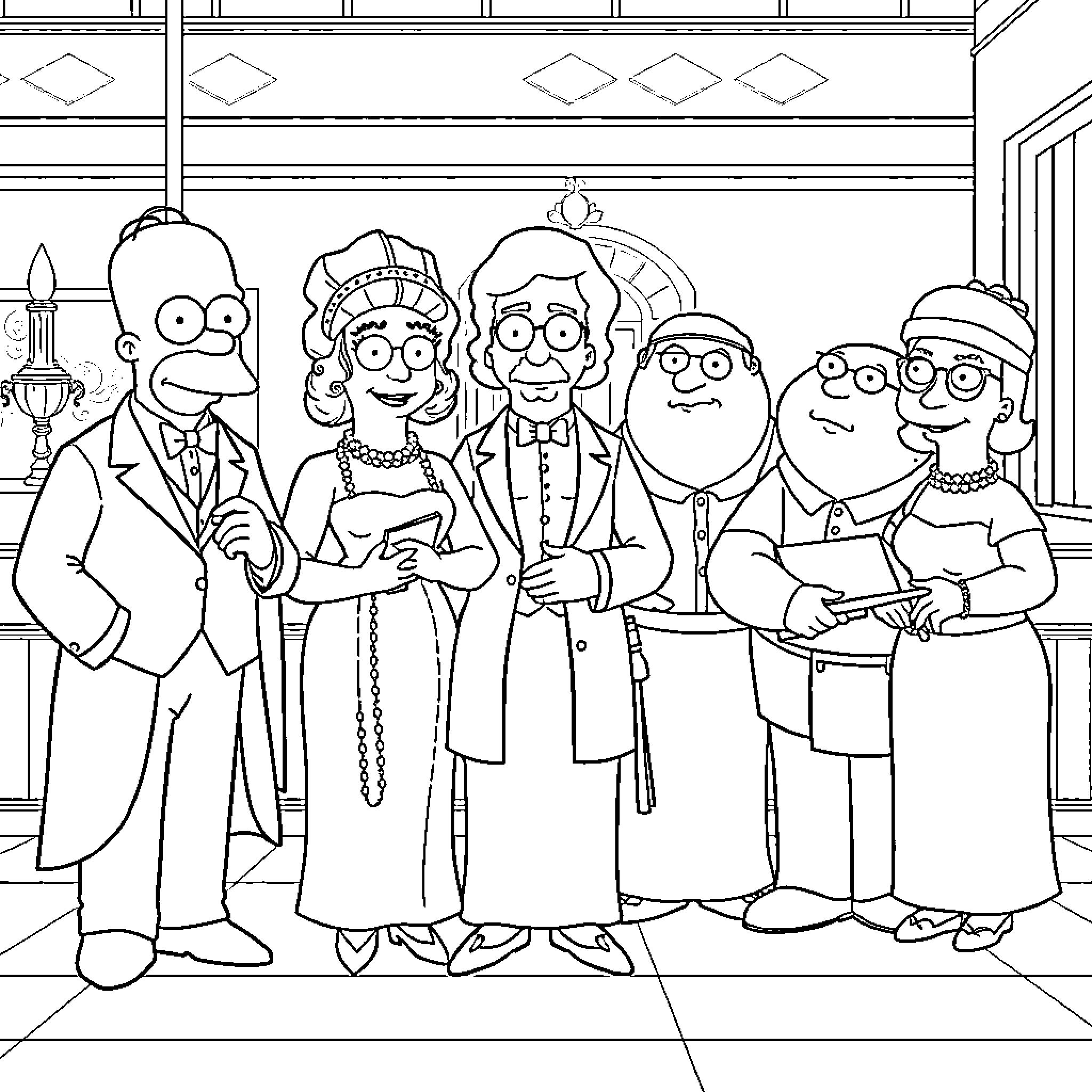 Simpsons family attending a formal event Coloring Page (free black-and-white line drawing printable PDF for all, from beginners to advanced learners, including children, teens, adults, and seniors)