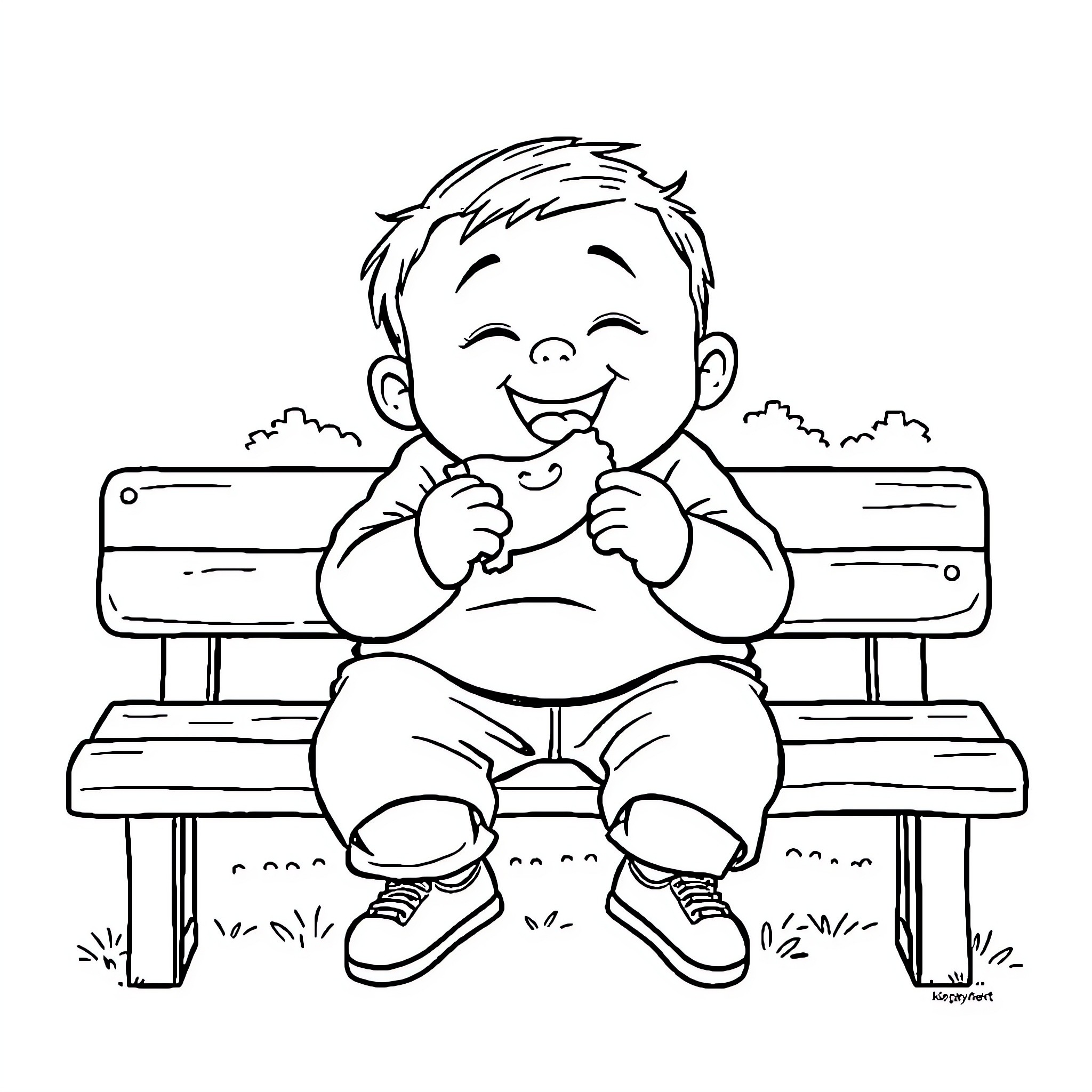 Kid enjoying a snack on the park bench Coloring Page (free black-and-white line drawing printable PDF for all, from beginners to advanced learners, including children, teens, adults, and seniors)