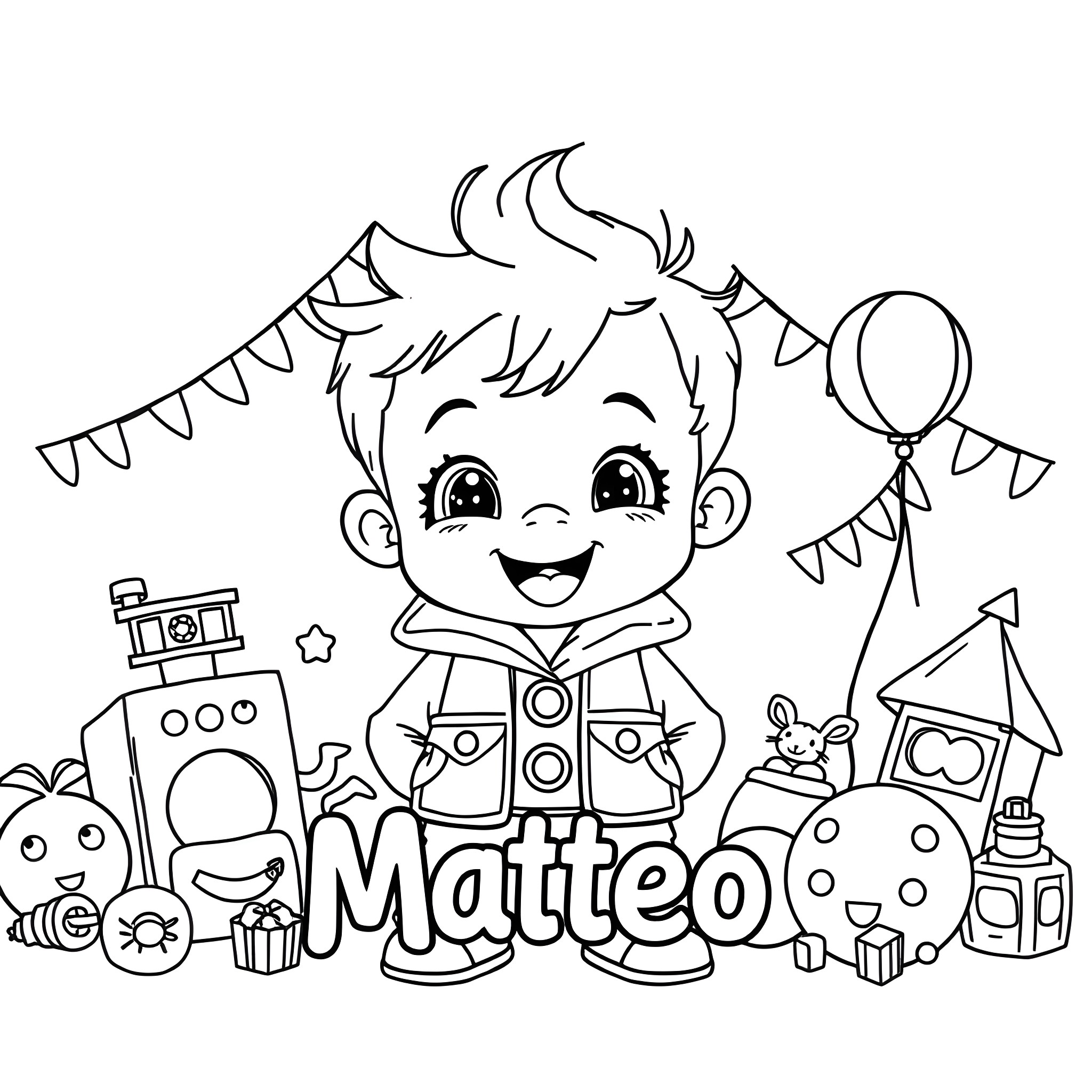 Toddler playing happily with toys in birthday party Coloring Page (free black-and-white line drawing printable PDF for all, from beginners to advanced learners, including children, teens, adults, and seniors)