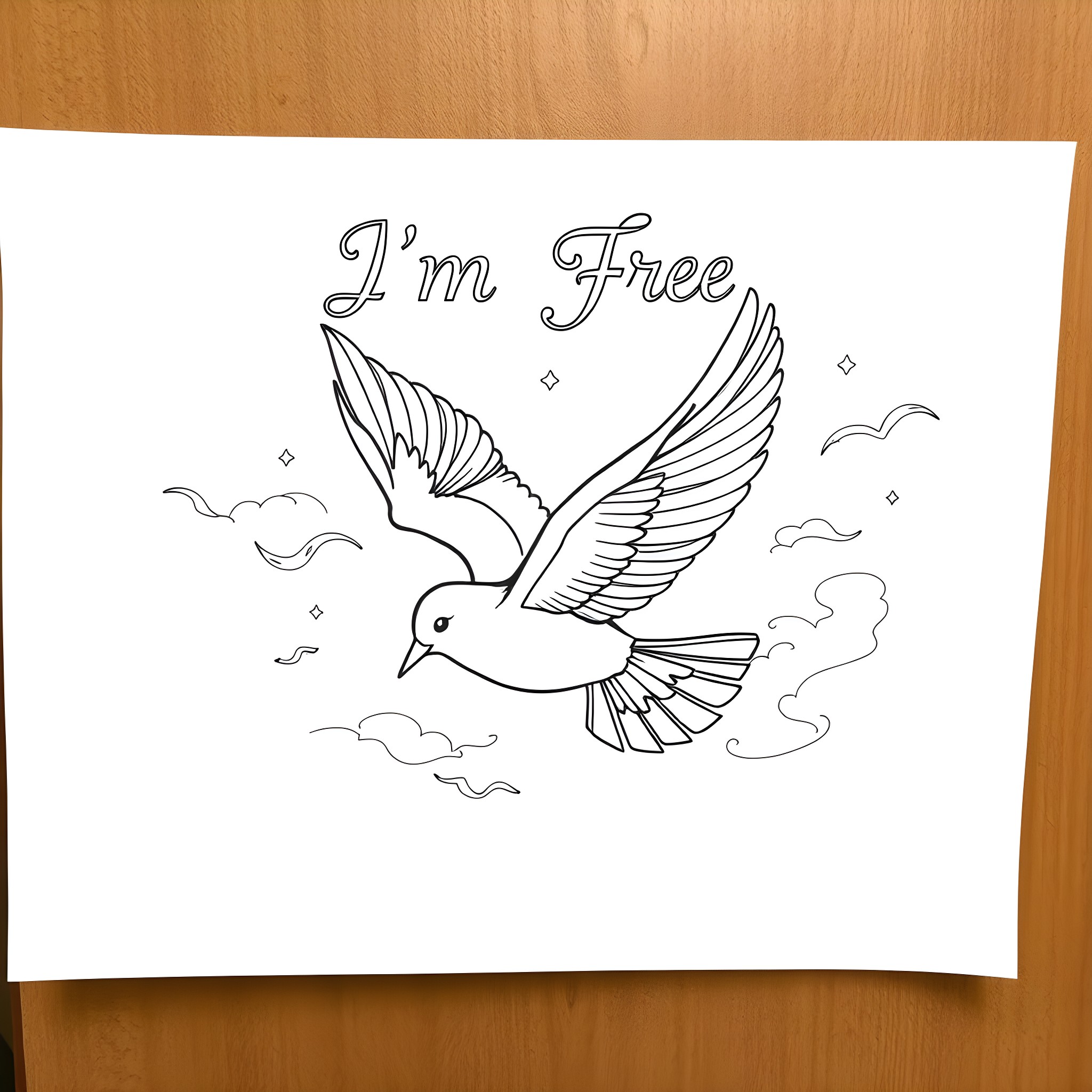Text of bird with wings open flying through clouds Coloring Page (free black-and-white line drawing printable PDF for all, from beginners to advanced learners, including children, teens, adults, and seniors)