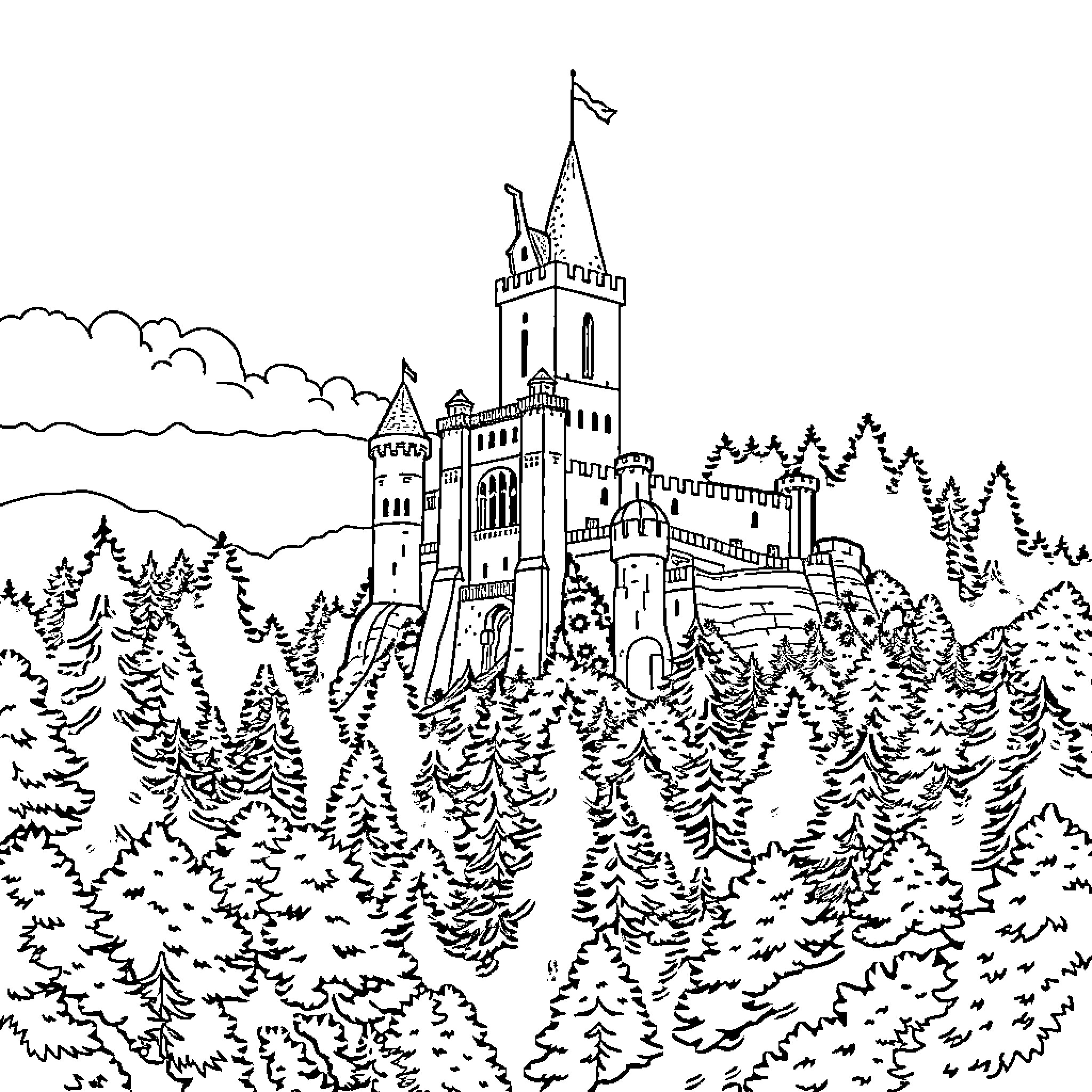 Castle atop a forested hill with a mountainous backdrop Coloring Page (free black-and-white line drawing printable PDF for all, from beginners to advanced learners, including children, teens, adults, and seniors)