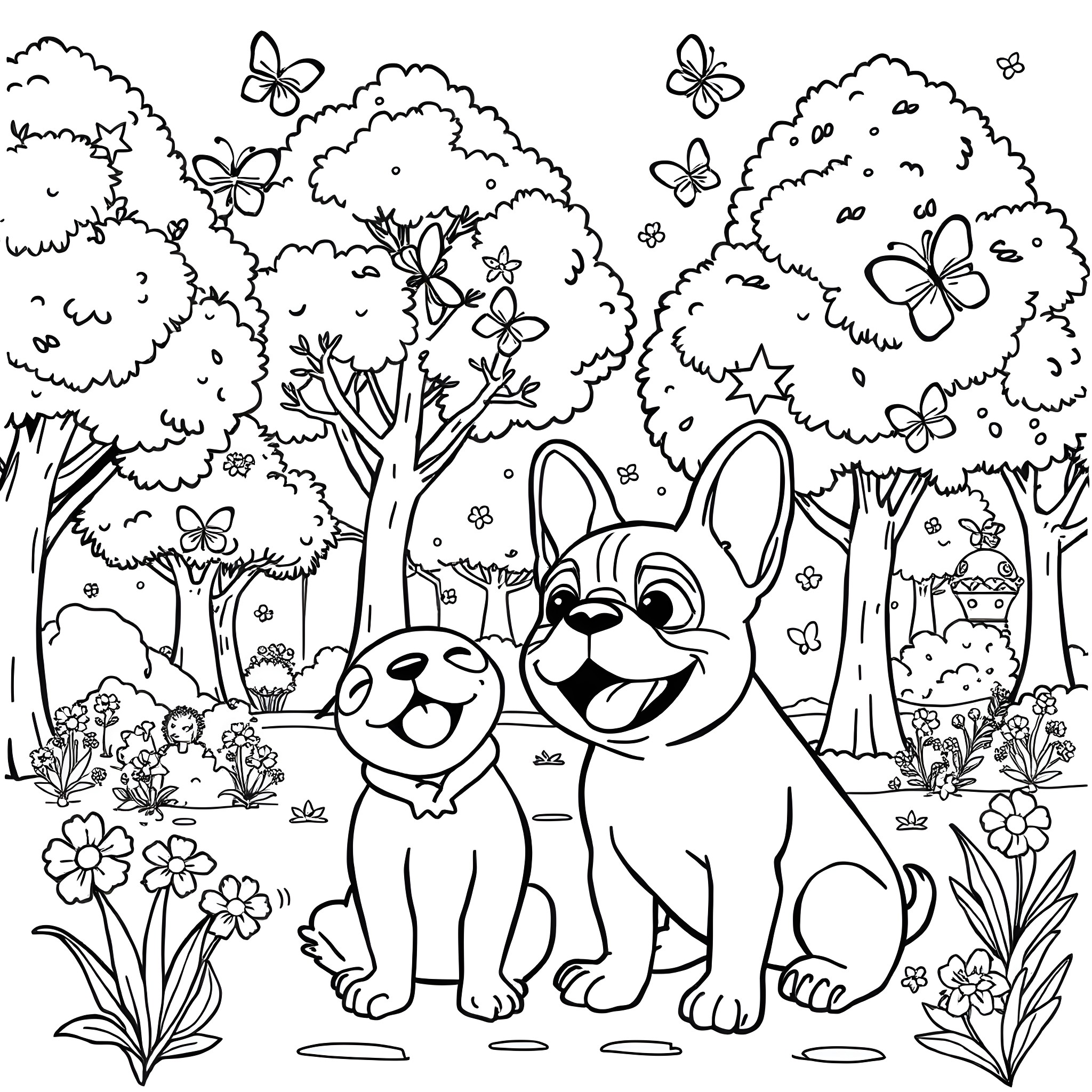 Labubu's Joyful Frolic in the Enchanted Forest Coloring Page (free black-and-white line drawing printable PDF for all, from beginners to advanced learners, including children, teens, adults, and seniors)