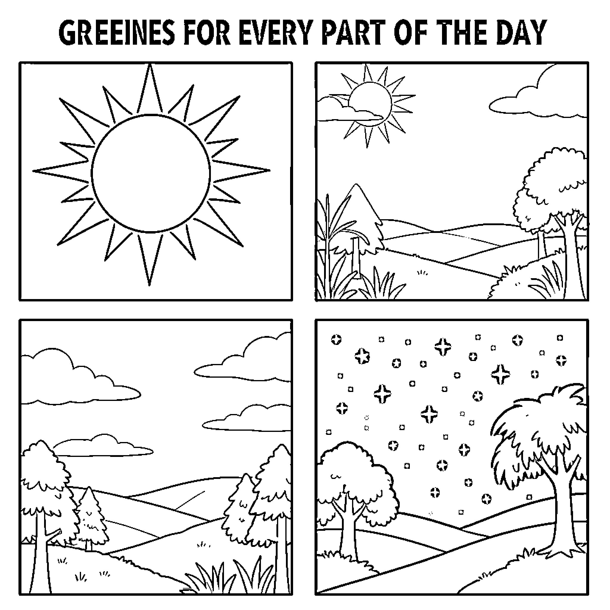Greeting Scenes of Nature throughout the Day Coloring Page (free black-and-white line drawing printable PDF for all, from beginners to advanced learners, including children, teens, adults, and seniors)