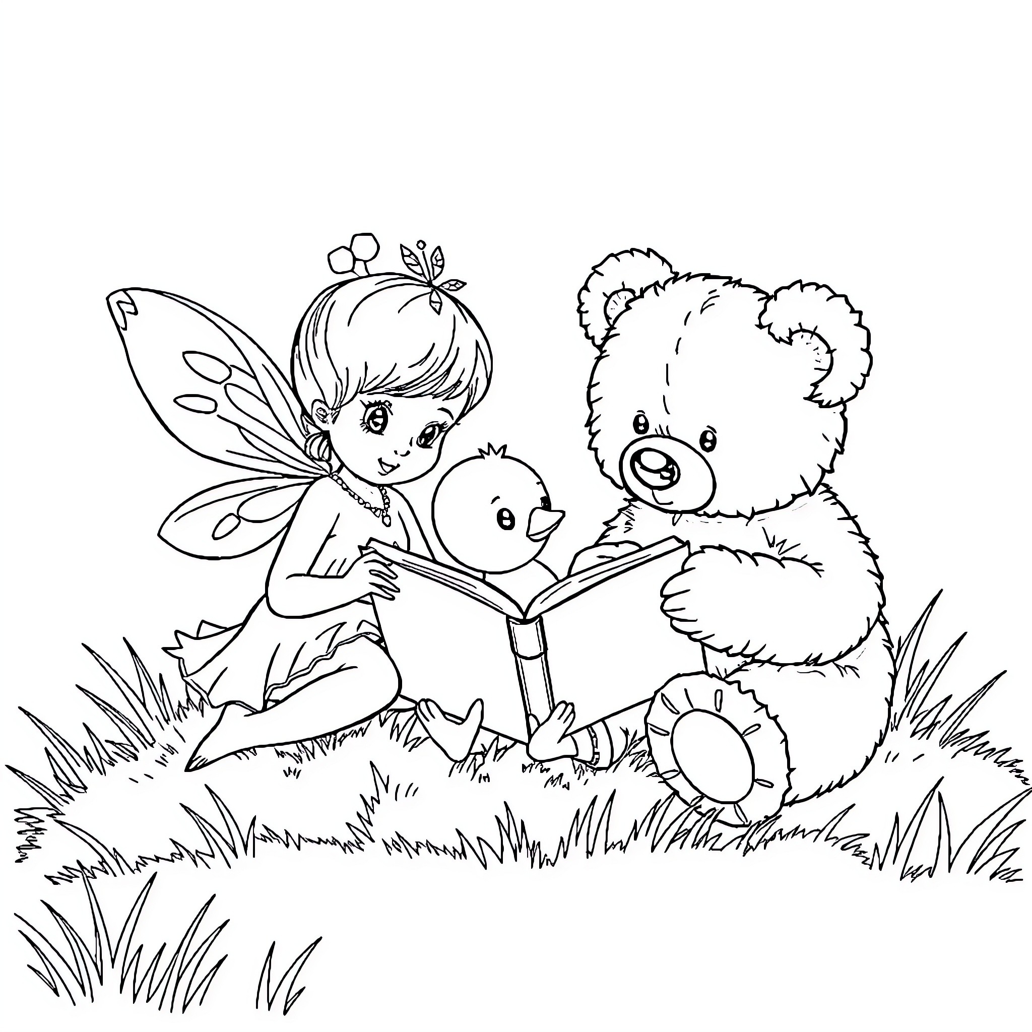 Fairy reading storybook with stuffed animal companion Coloring Page (free black-and-white line drawing printable PDF for all, from beginners to advanced learners, including children, teens, adults, and seniors)