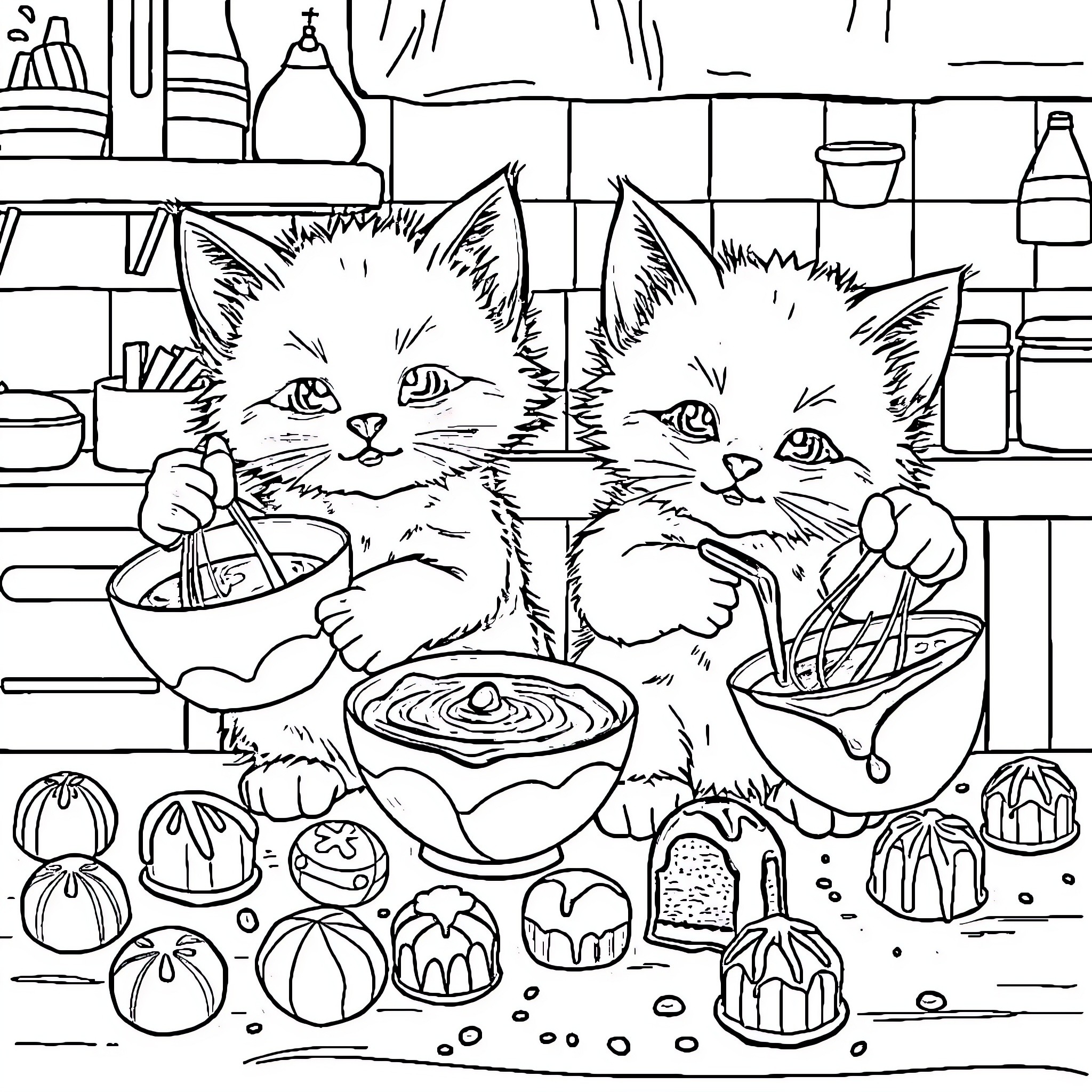 Kittens Enjoying a Cozy Kitchen Snack Coloring Page (free black-and-white line drawing printable PDF for all, from beginners to advanced learners, including children, teens, adults, and seniors)