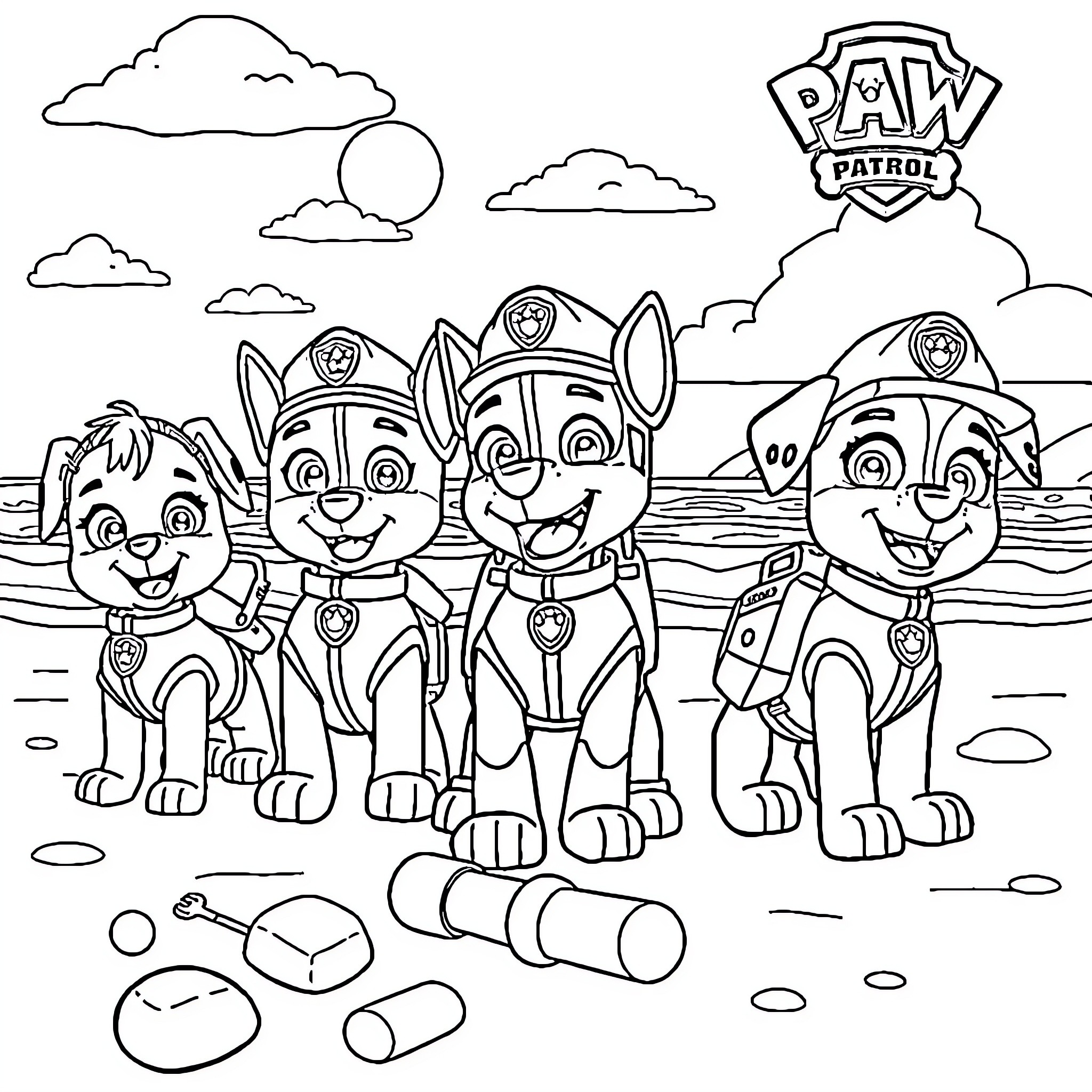 Paw Patrol puppies in action Coloring Page (free black-and-white line drawing printable PDF for all, from beginners to advanced learners, including children, teens, adults, and seniors)
