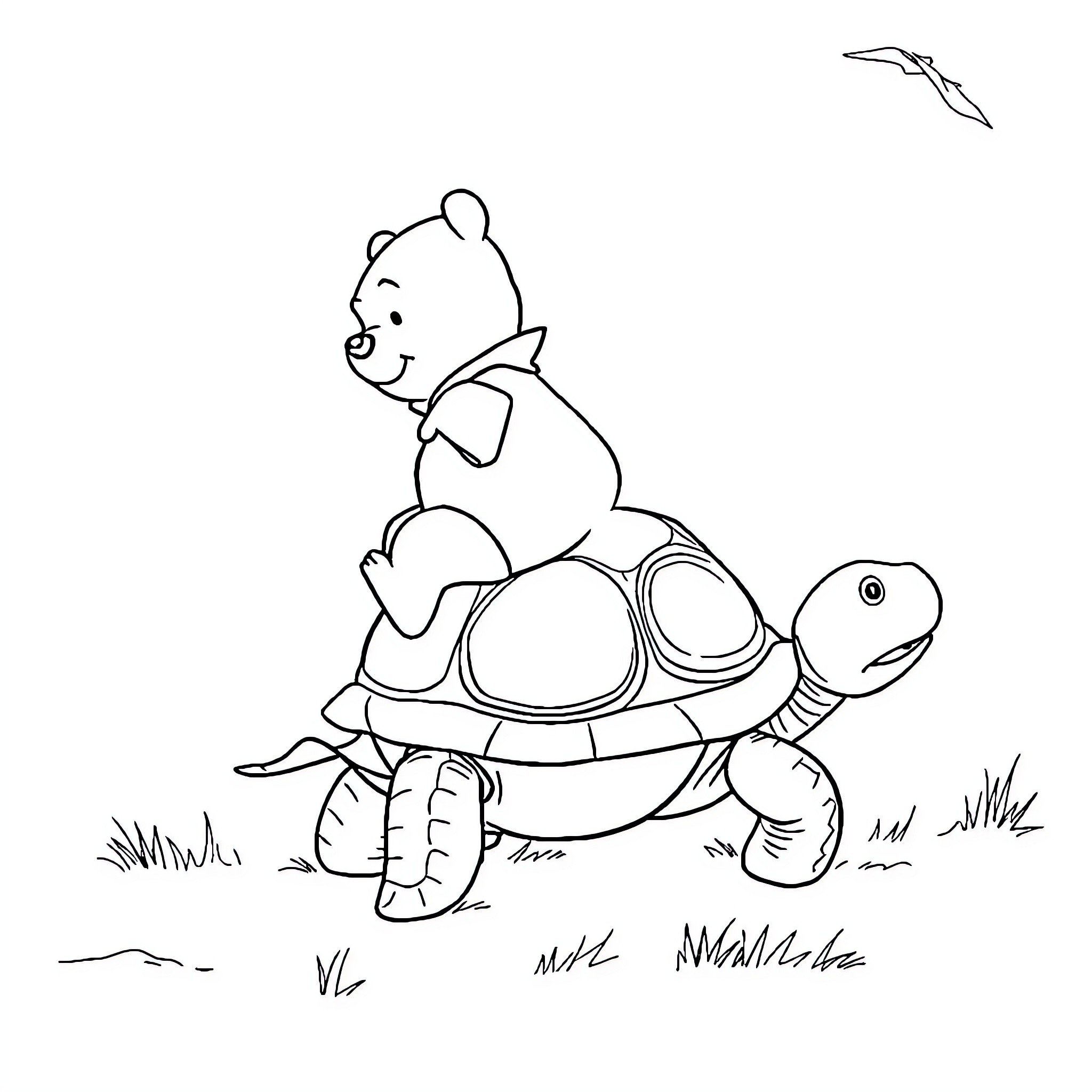 Winnie The Pooh riding a friendly turtle Coloring Page (free black-and-white line drawing printable PDF for all, from beginners to advanced learners, including children, teens, adults, and seniors)