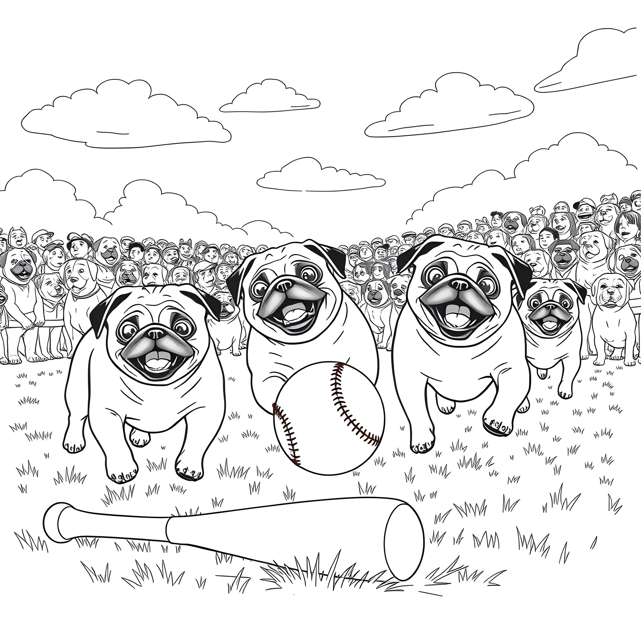 Pug gathering with baseball and clouds Coloring Page (free black-and-white line drawing printable PDF for all, from beginners to advanced learners, including children, teens, adults, and seniors)