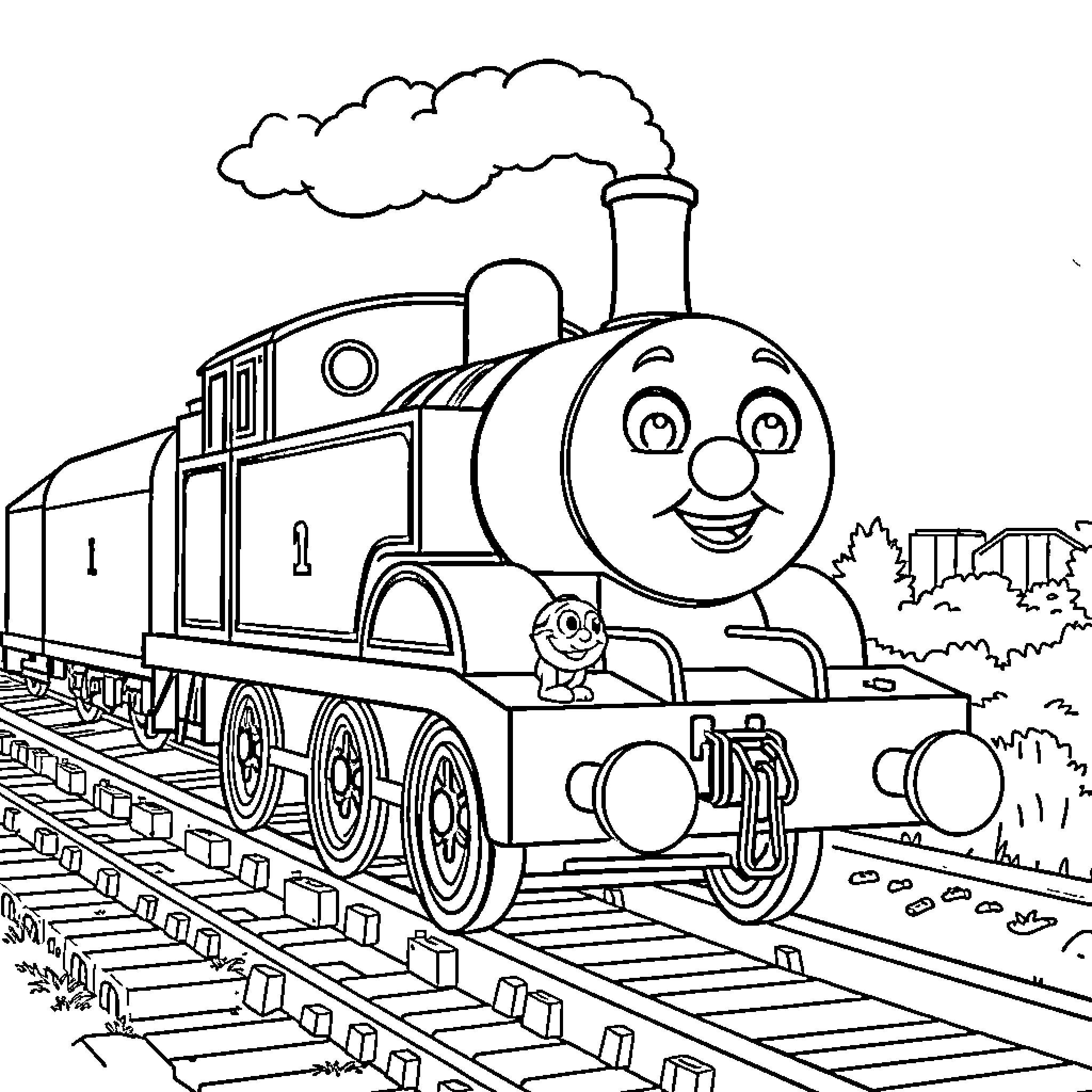 Thomas Train Happily Chugging Along on the Tracks Coloring Page (free black-and-white line drawing printable PDF for all, from beginners to advanced learners, including children, teens, adults, and seniors)