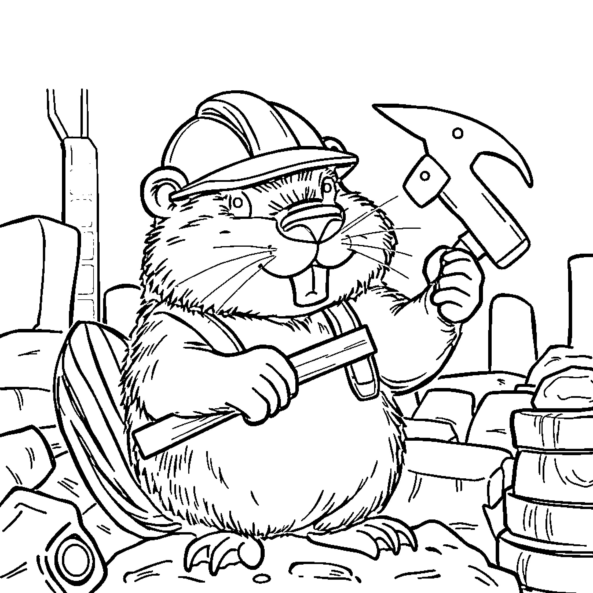 Beaver at Work with Construction Tools Coloring Page (free black-and-white line drawing printable PDF for all, from beginners to advanced learners, including children, teens, adults, and seniors)